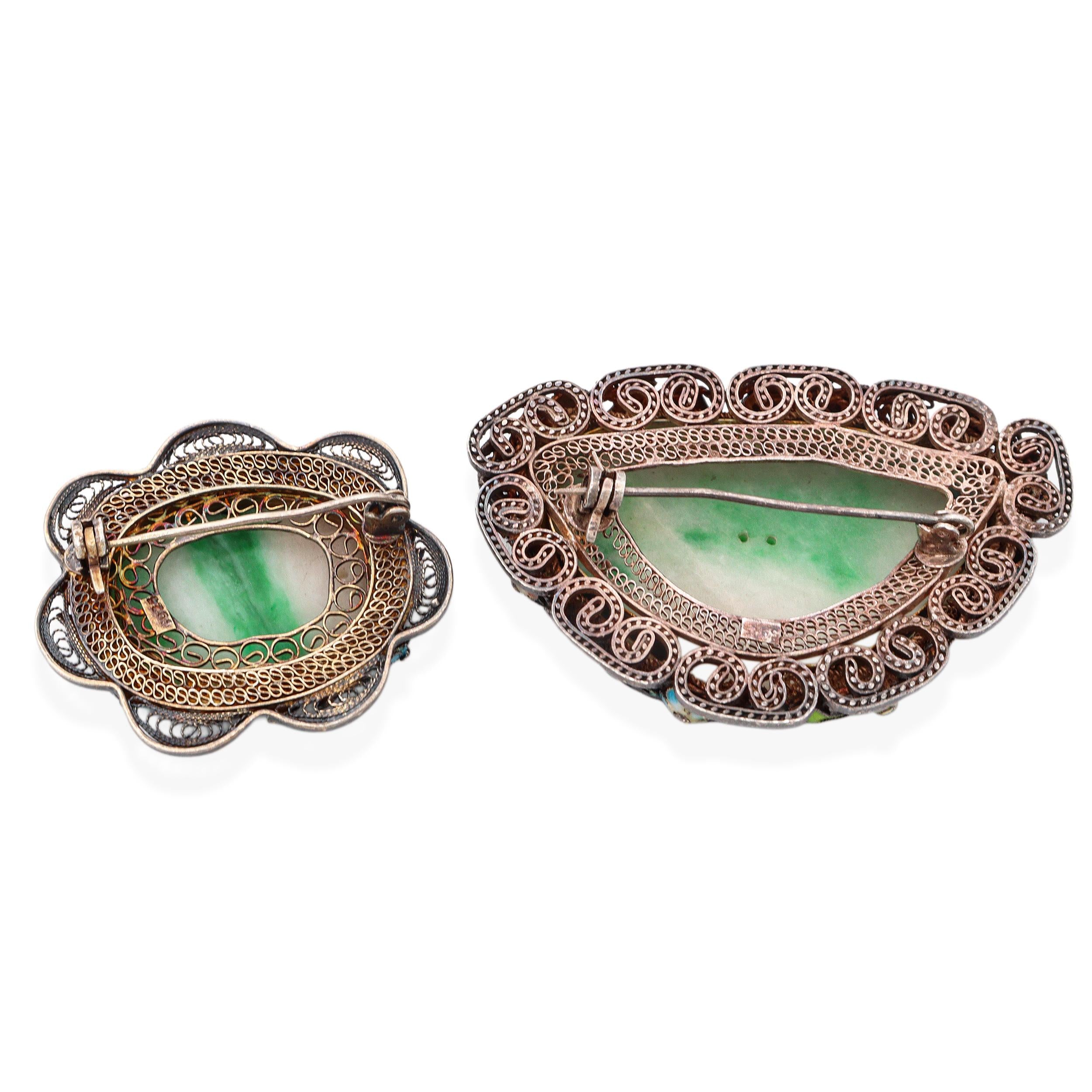 Antique Silver Vermeil Enamel and Jade Brooch Set