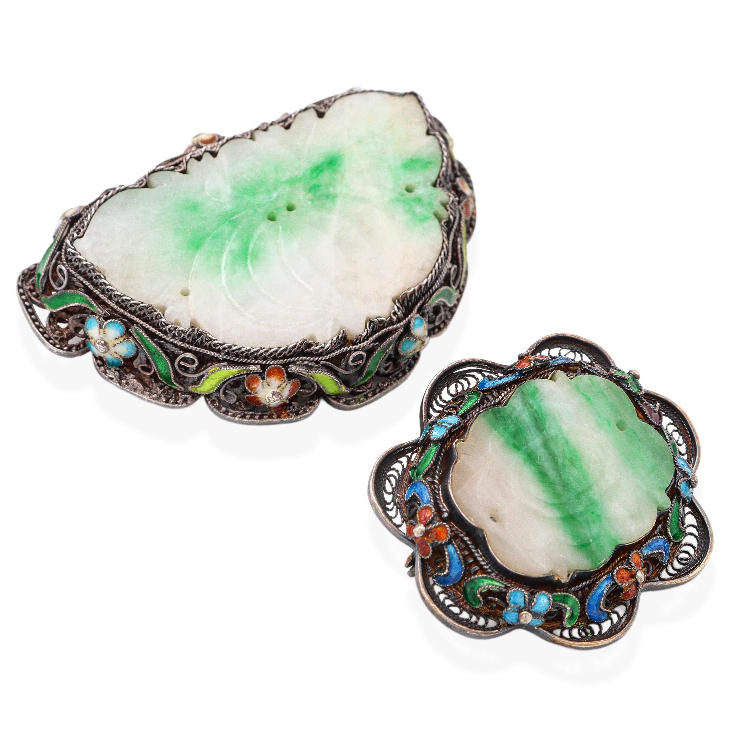 Antique Silver Vermeil Enamel and Jade Brooch Set