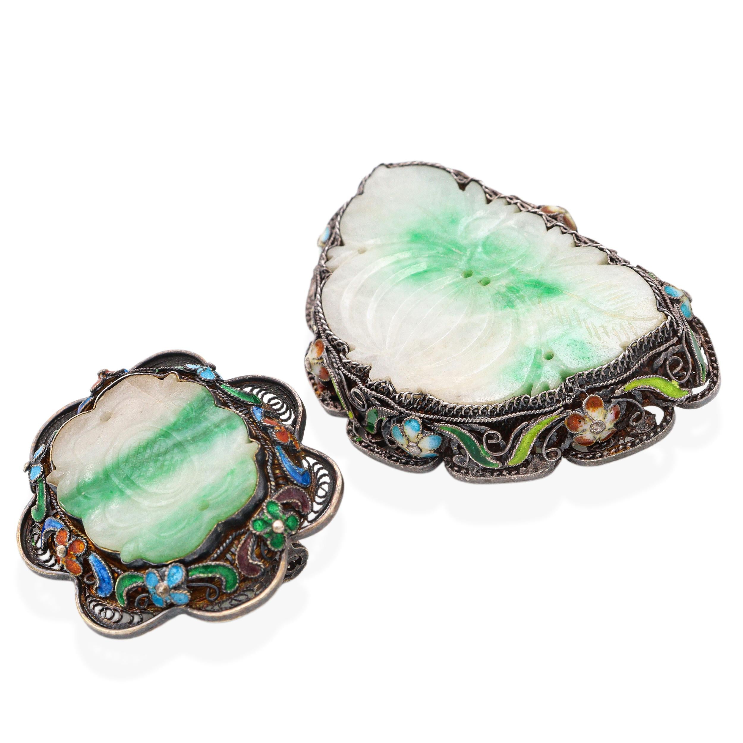 Antique Silver Vermeil Enamel and Jade Brooch Set