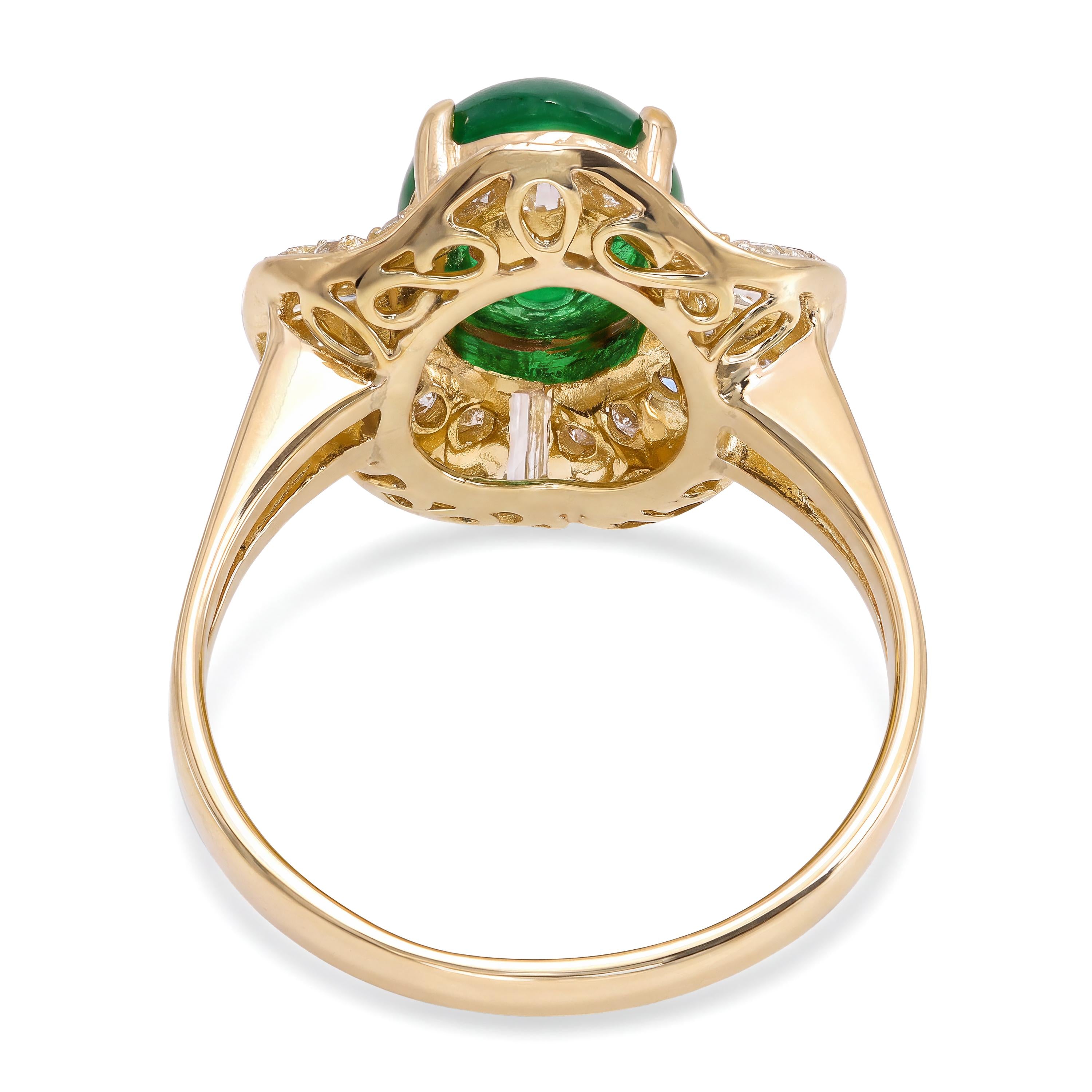 14k Yellow Gold 2.18ct Imperial Green Jadeite Jade & Diamond Pavé Ballerina Ring
