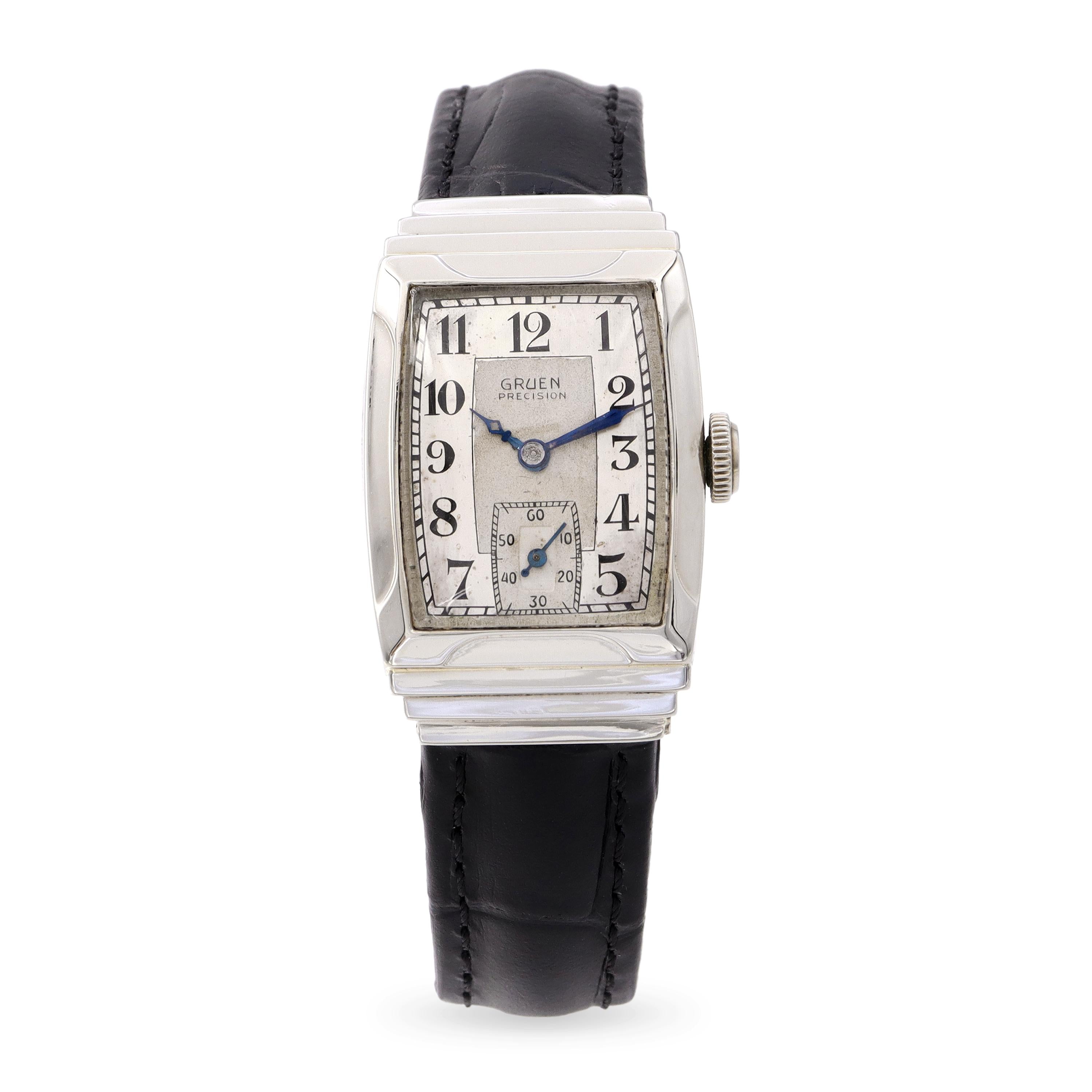 Vintage Gruen Precision 14K White Gold Rectangular Hand Wind Men’s Watch