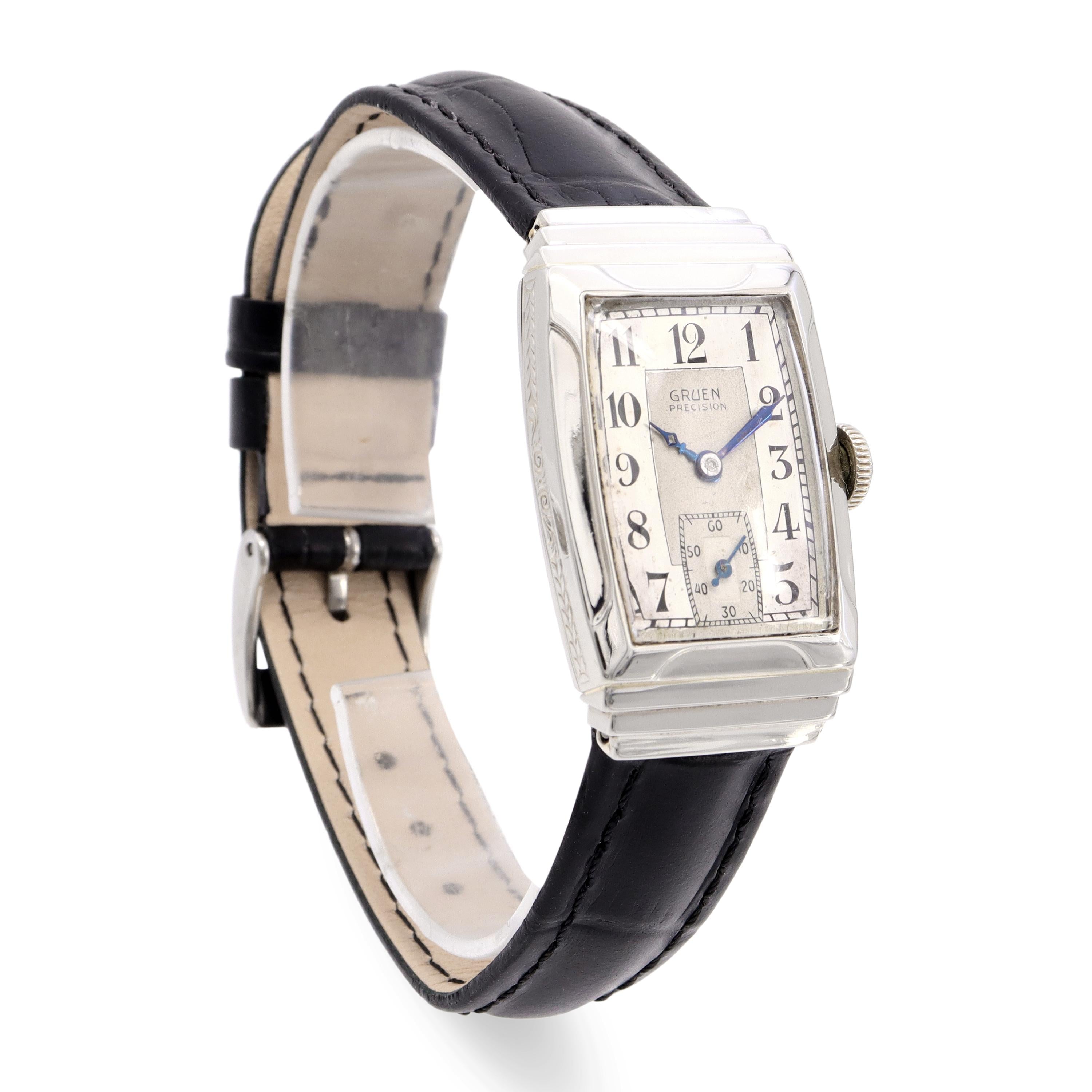 Vintage Gruen Precision 14K White Gold Rectangular Hand Wind Men’s Watch