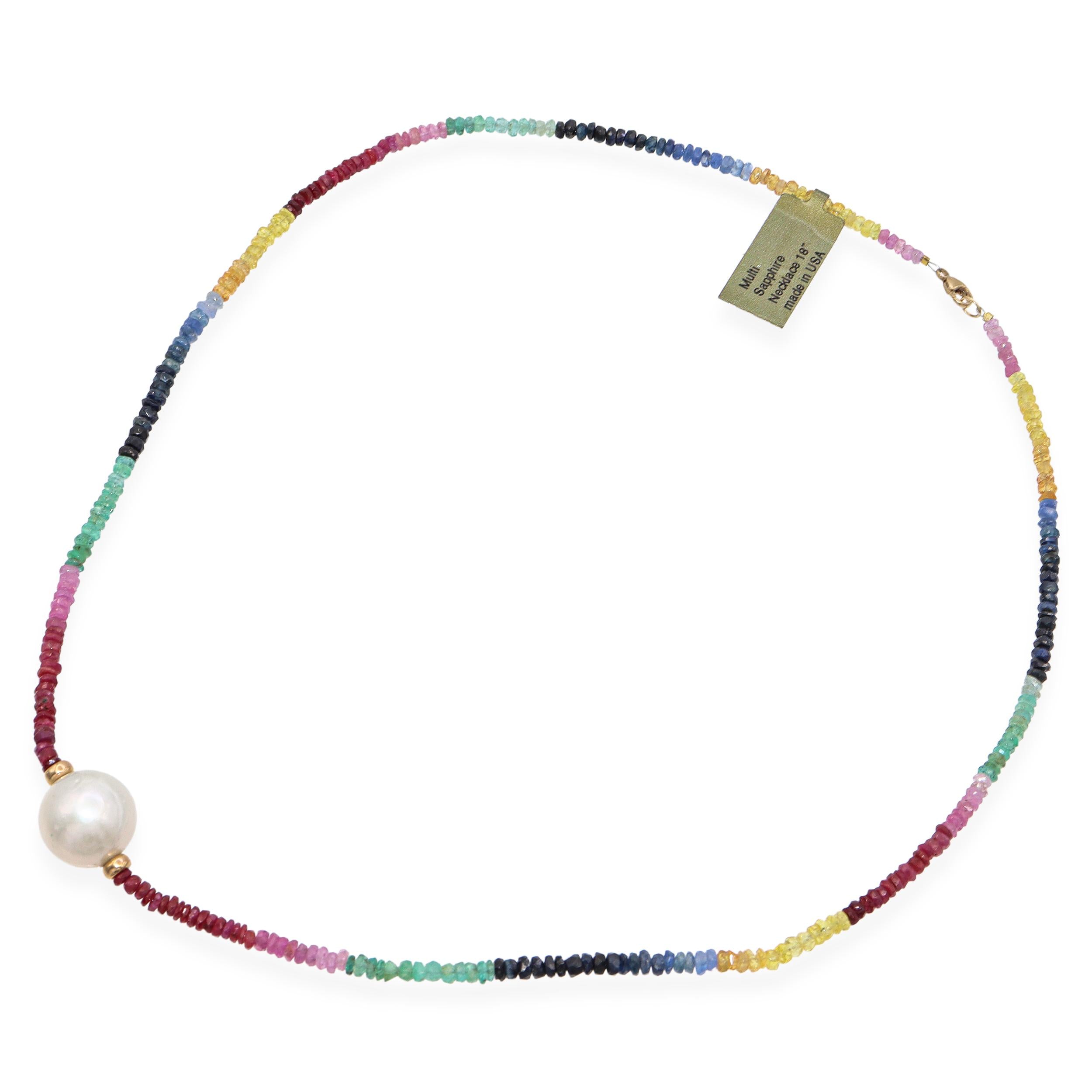 14k Yellow Gold Fancy Sapphire Heishi Bead and Pearl Necklace