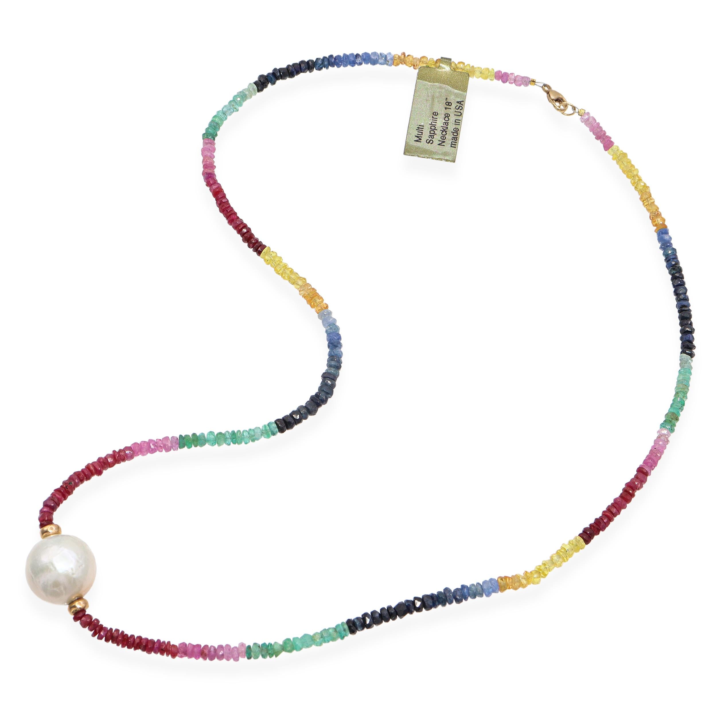 14k Yellow Gold Fancy Sapphire Heishi Bead and Pearl Necklace