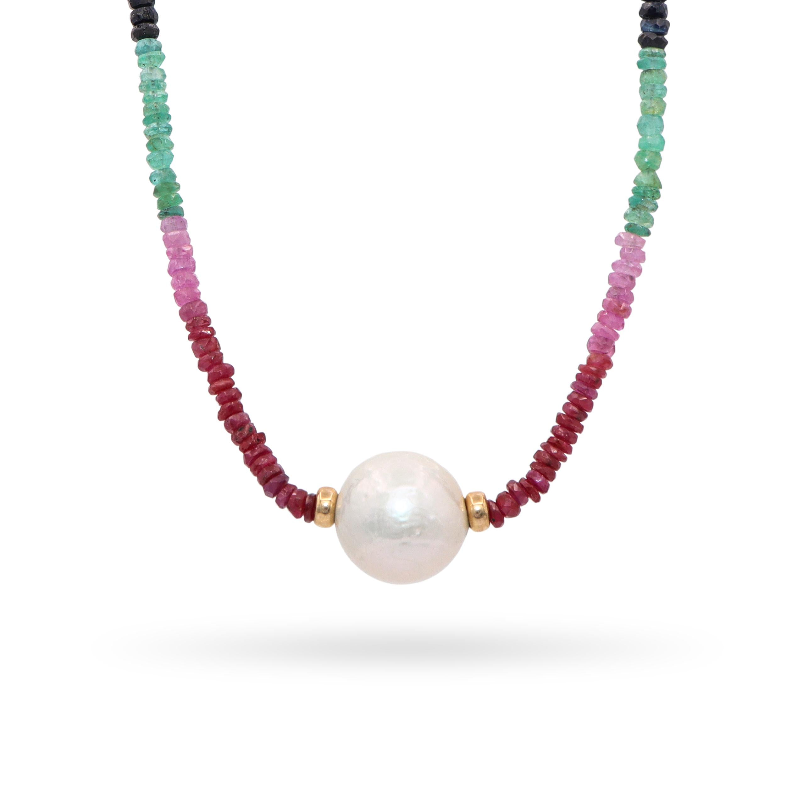 14k Yellow Gold Fancy Sapphire Heishi Bead and Pearl Necklace