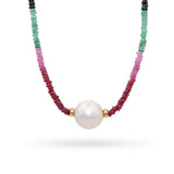 14k Yellow Gold Fancy Sapphire Heishi Bead and Pearl Necklace