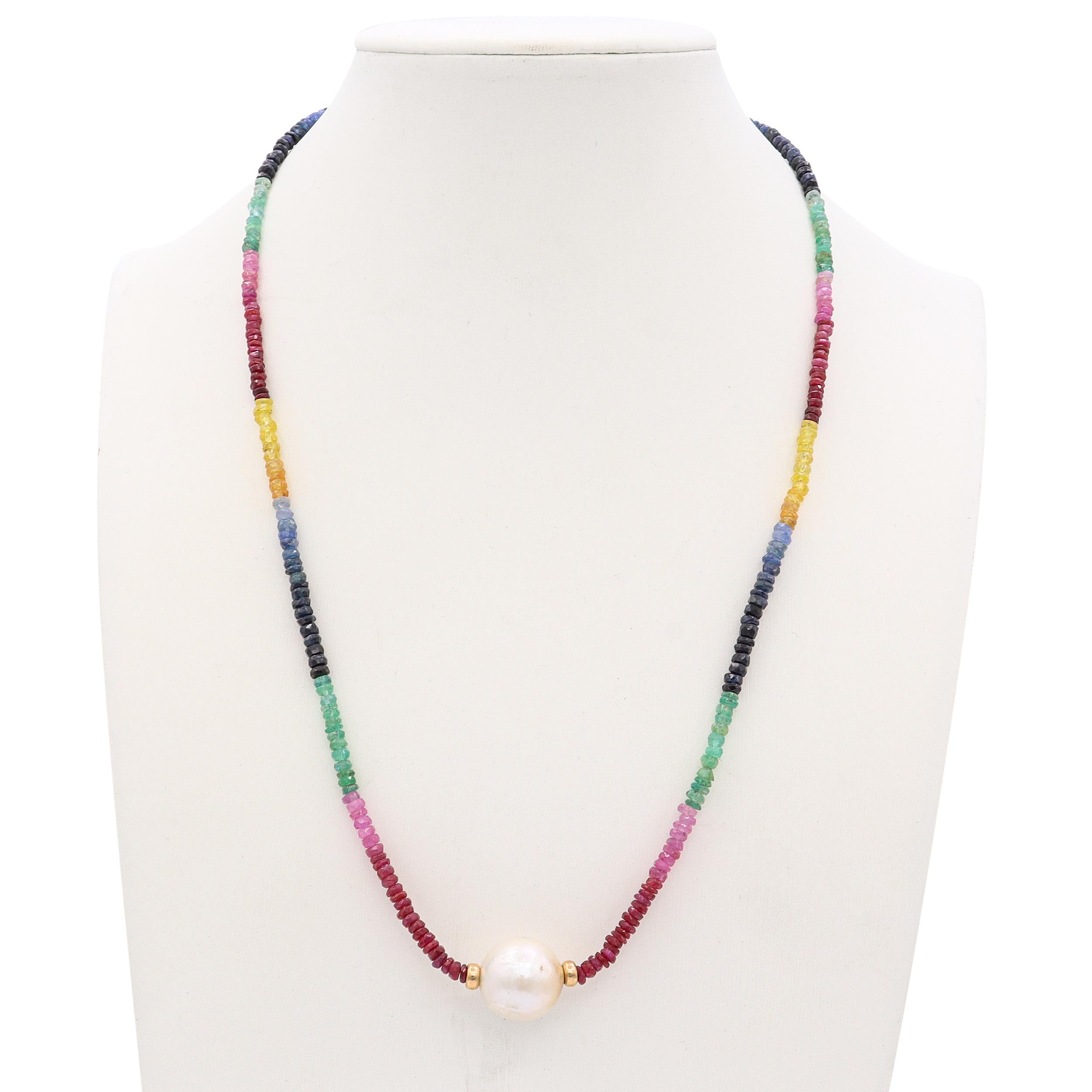 14k Yellow Gold Fancy Sapphire Heishi Bead and Pearl Necklace