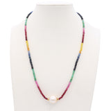 14k Yellow Gold Fancy Sapphire Heishi Bead and Pearl Necklace