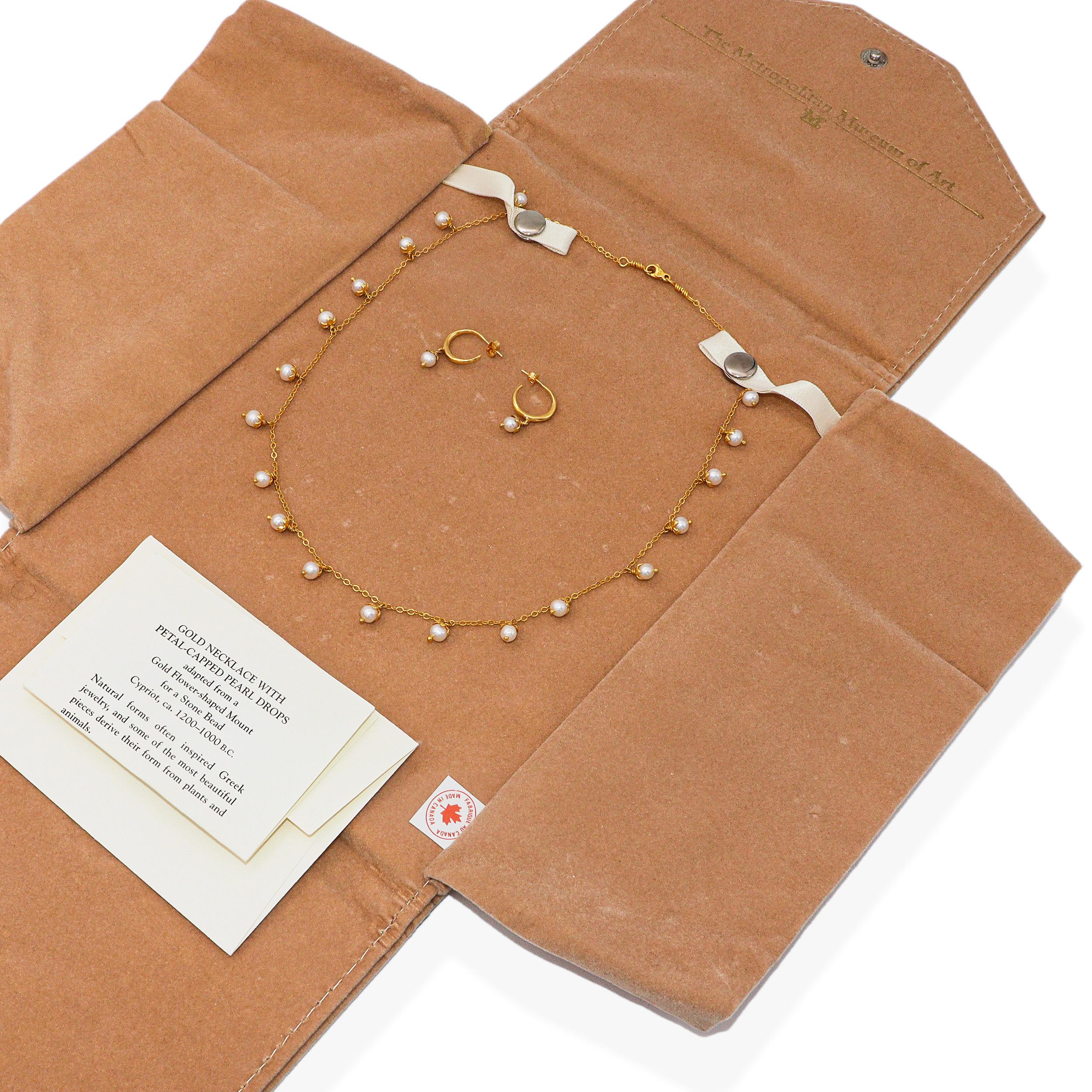 14k Yellow Gold Petal-Capped Pearl Drop Necklace and Earrings Set