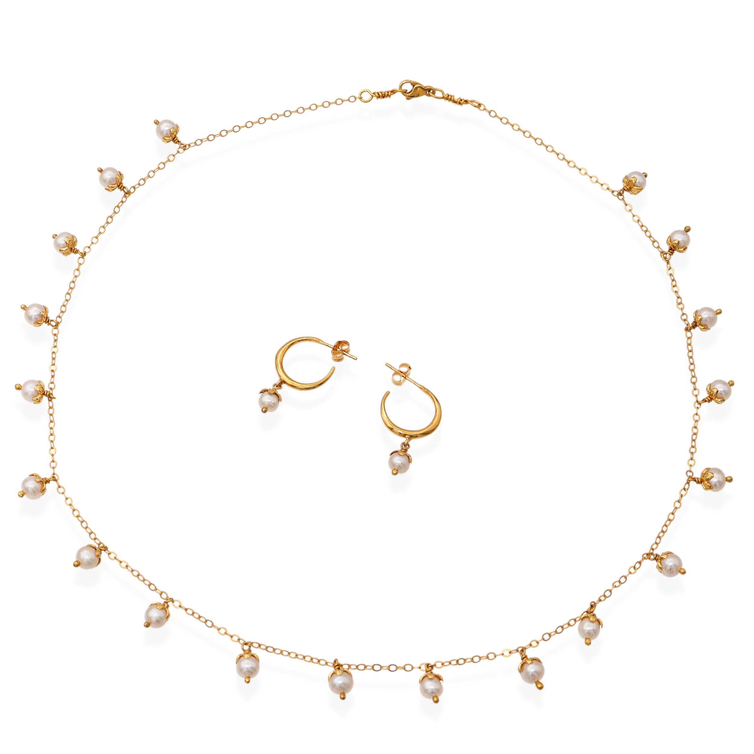 14k Yellow Gold Petal-Capped Pearl Drop Necklace and Earrings Set