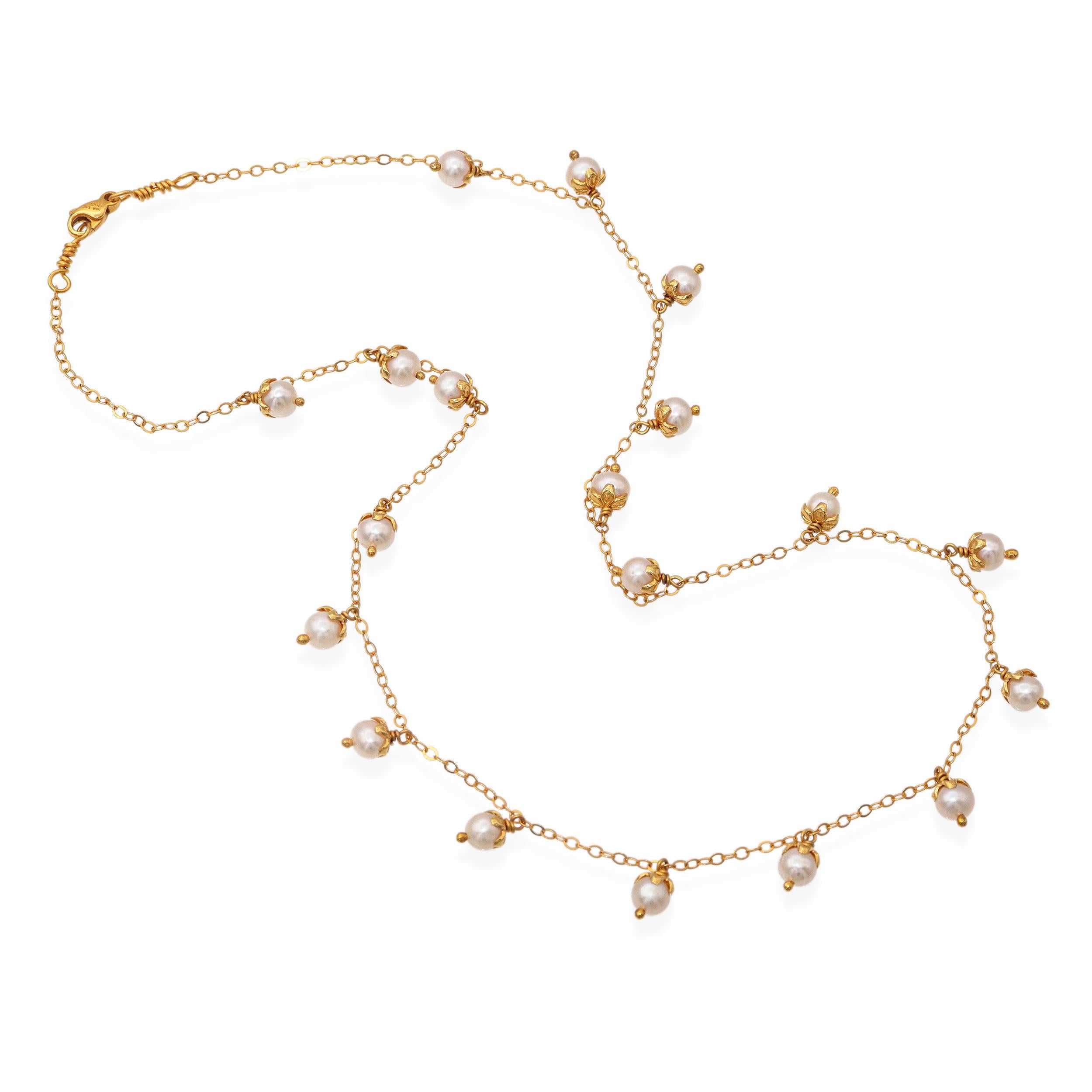14k Yellow Gold Petal-Capped Pearl Drop Necklace and Earrings Set
