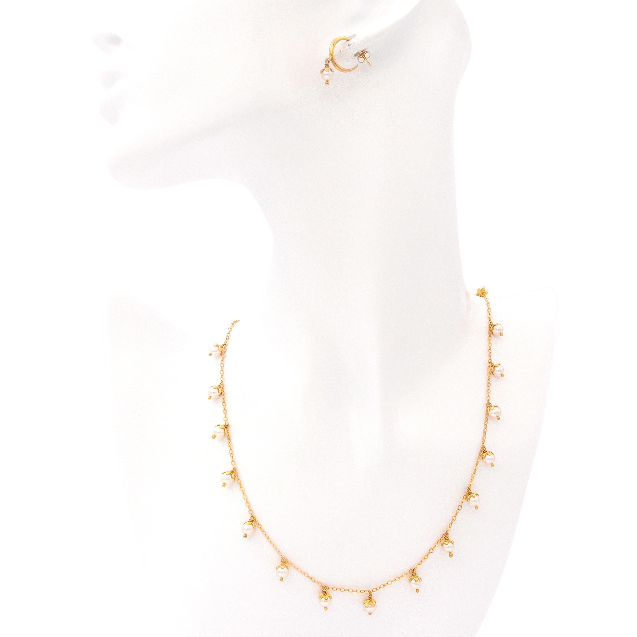 14k Yellow Gold Petal-Capped Pearl Drop Necklace and Earrings Set
