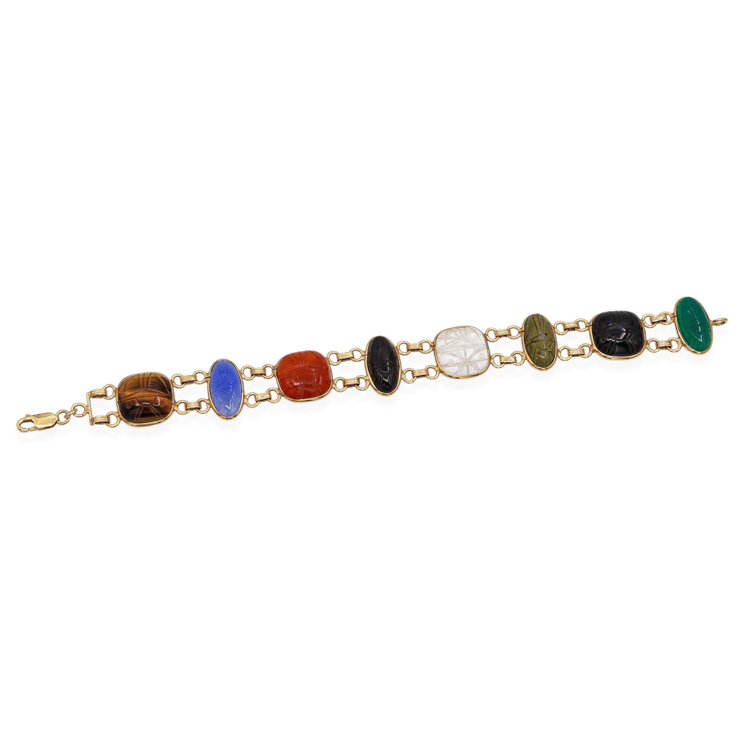 Vintage 14K Yellow Gold Multi-Gemstone Scarab Bracelet