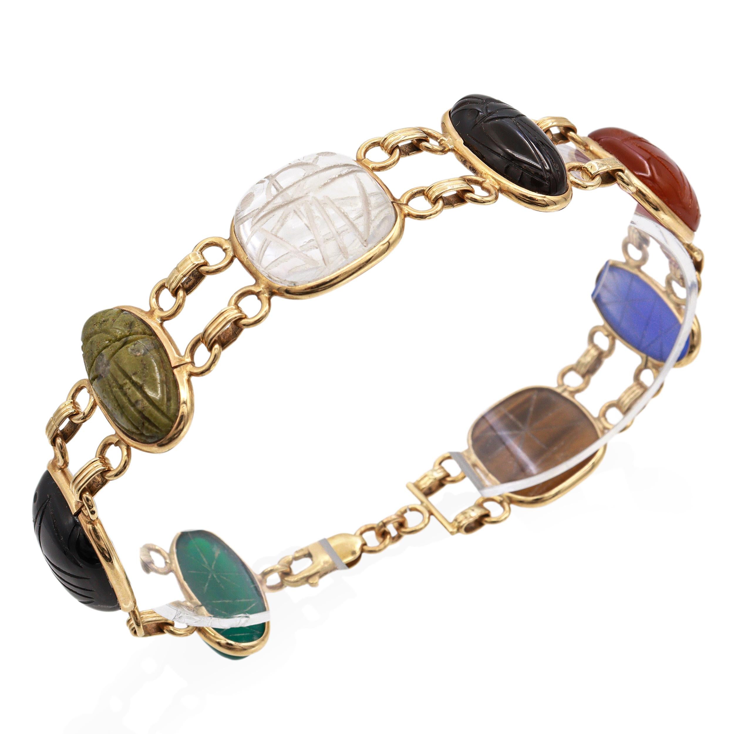 Vintage 14K Yellow Gold Multi-Gemstone Scarab Bracelet