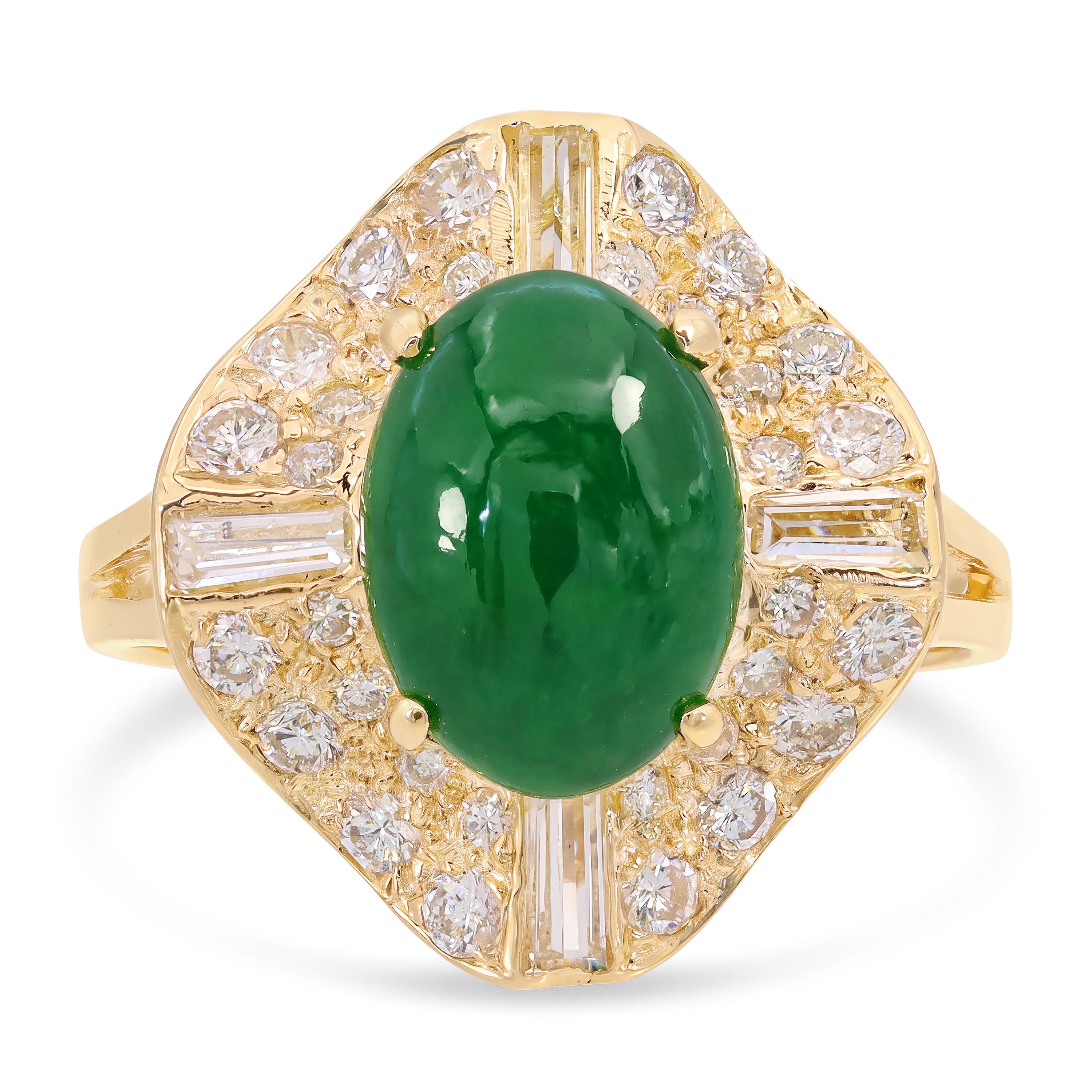 14k Yellow Gold 2.18ct Imperial Green Jadeite Jade & Diamond Pavé Ballerina Ring