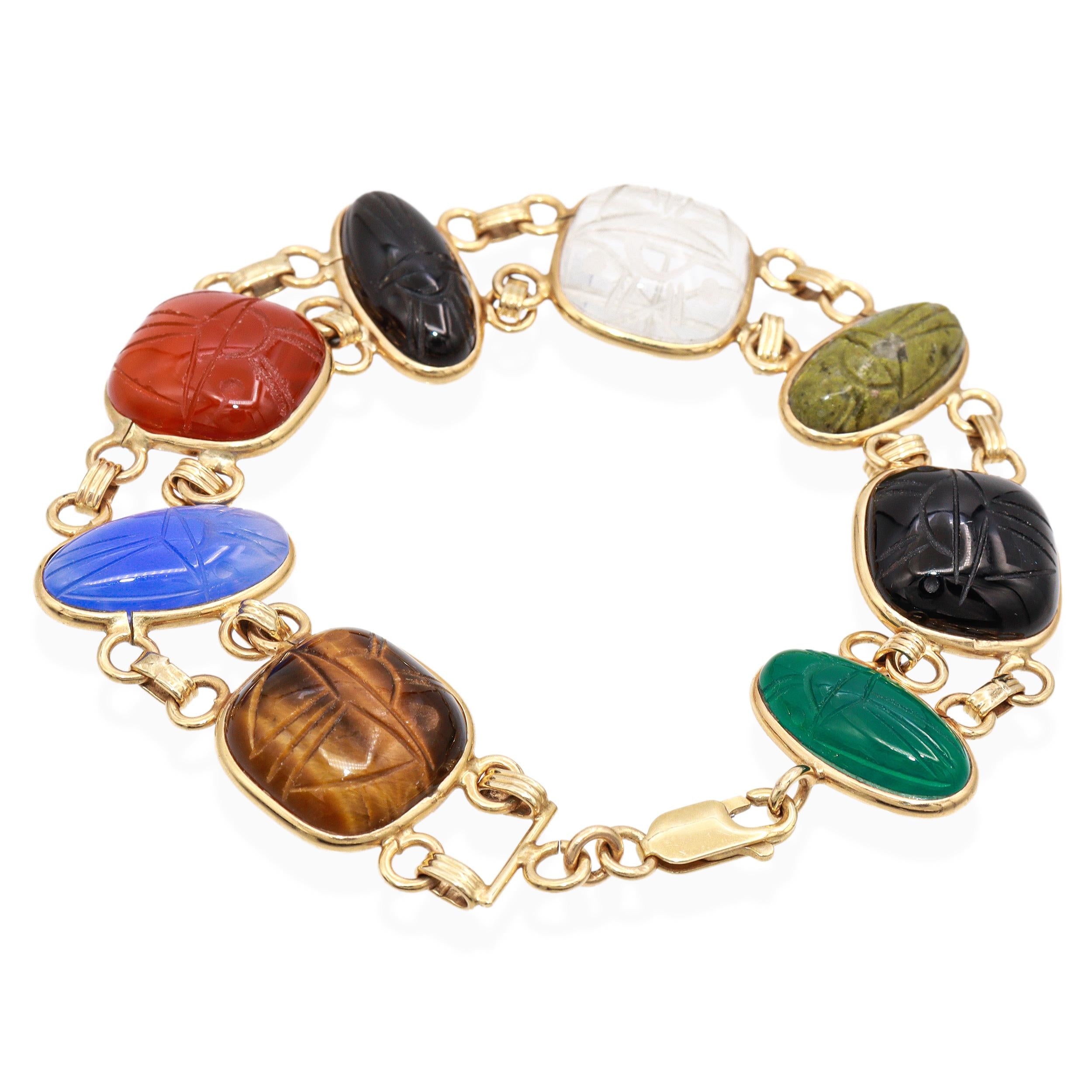 Vintage 14K Yellow Gold Multi-Gemstone Scarab Bracelet