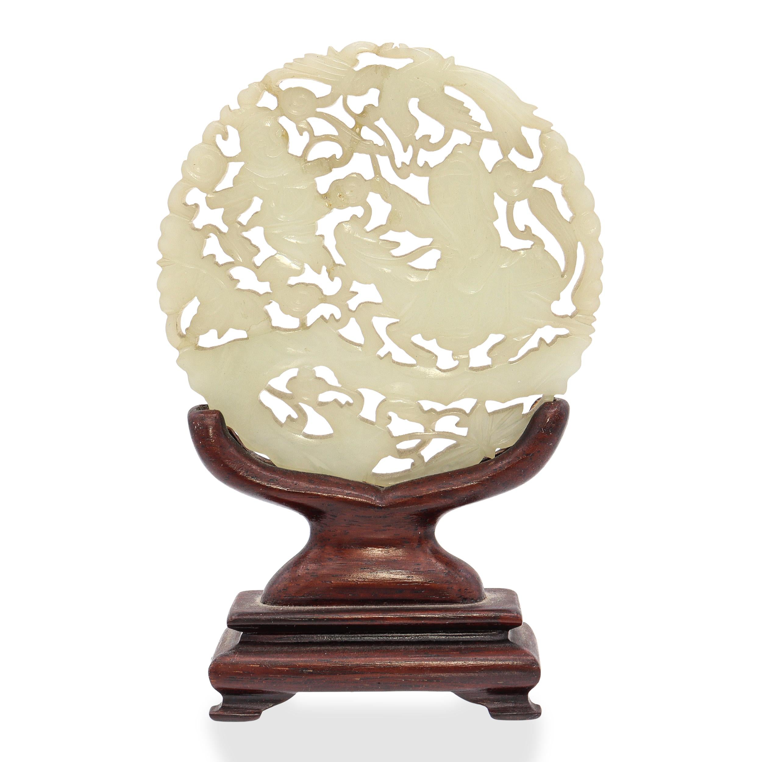 Antique Chinese Carved Mutton Fat Jade Disc with Wooden Stand