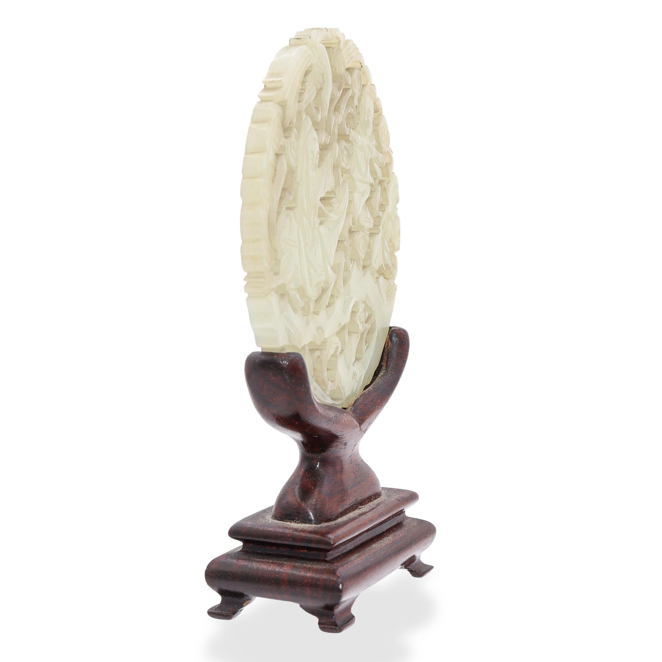Antique Chinese Carved Mutton Fat Jade Disc with Wooden Stand
