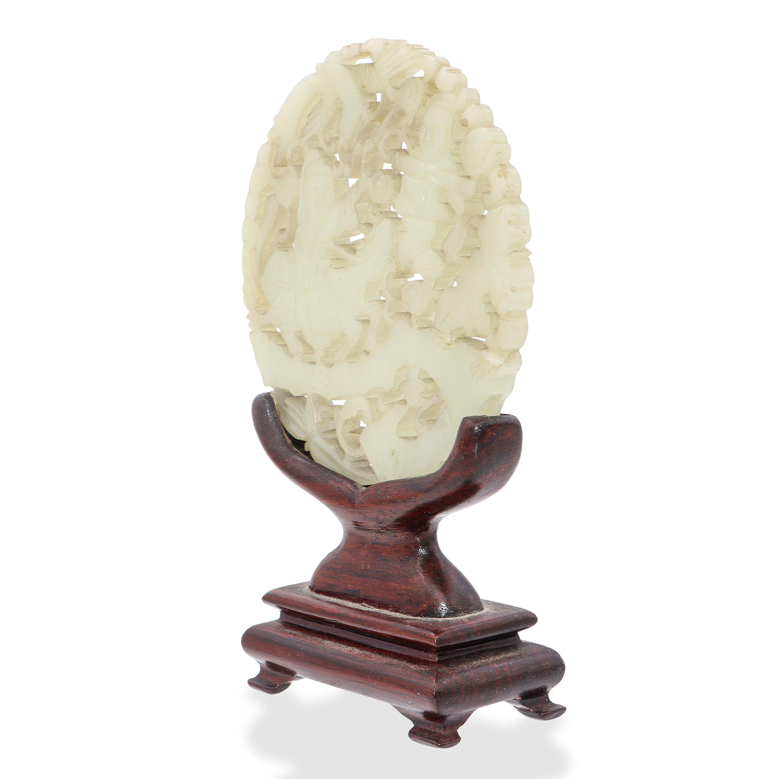 Antique Chinese Carved Mutton Fat Jade Disc with Wooden Stand