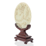 Antique Chinese Carved Mutton Fat Jade Disc with Wooden Stand