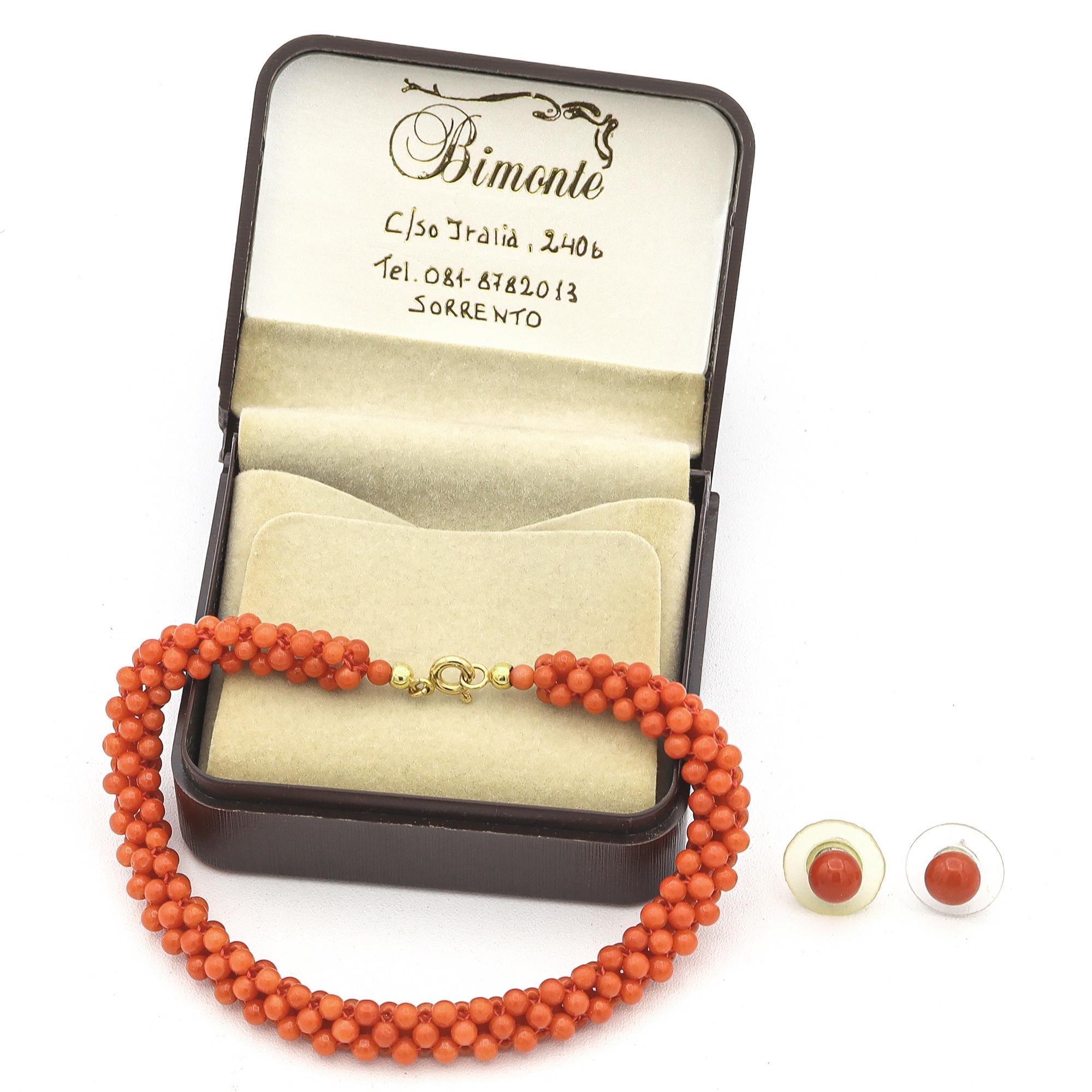 Vintage Yellow Gold Red Coral Woven Sorrento Bracelet & Earring Set
