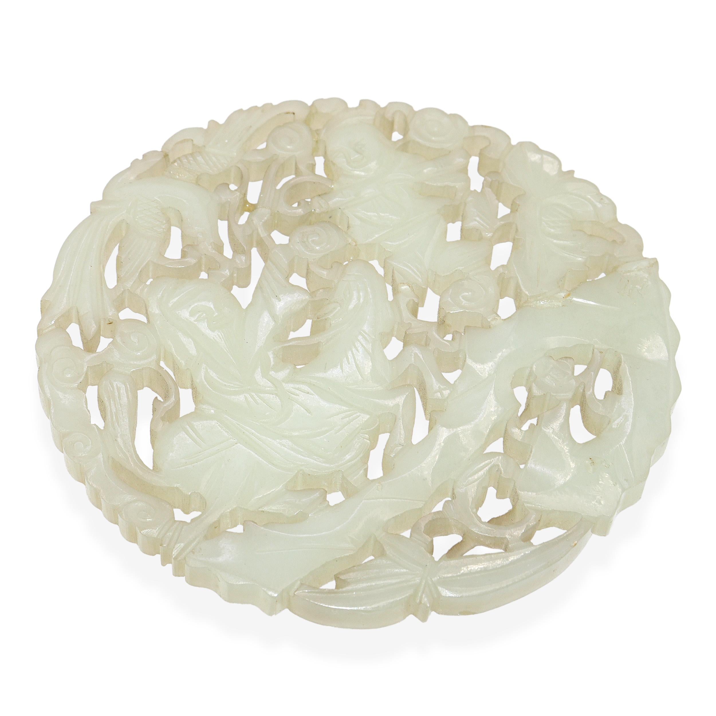 Antique Chinese Carved Mutton Fat Jade Disc with Wooden Stand
