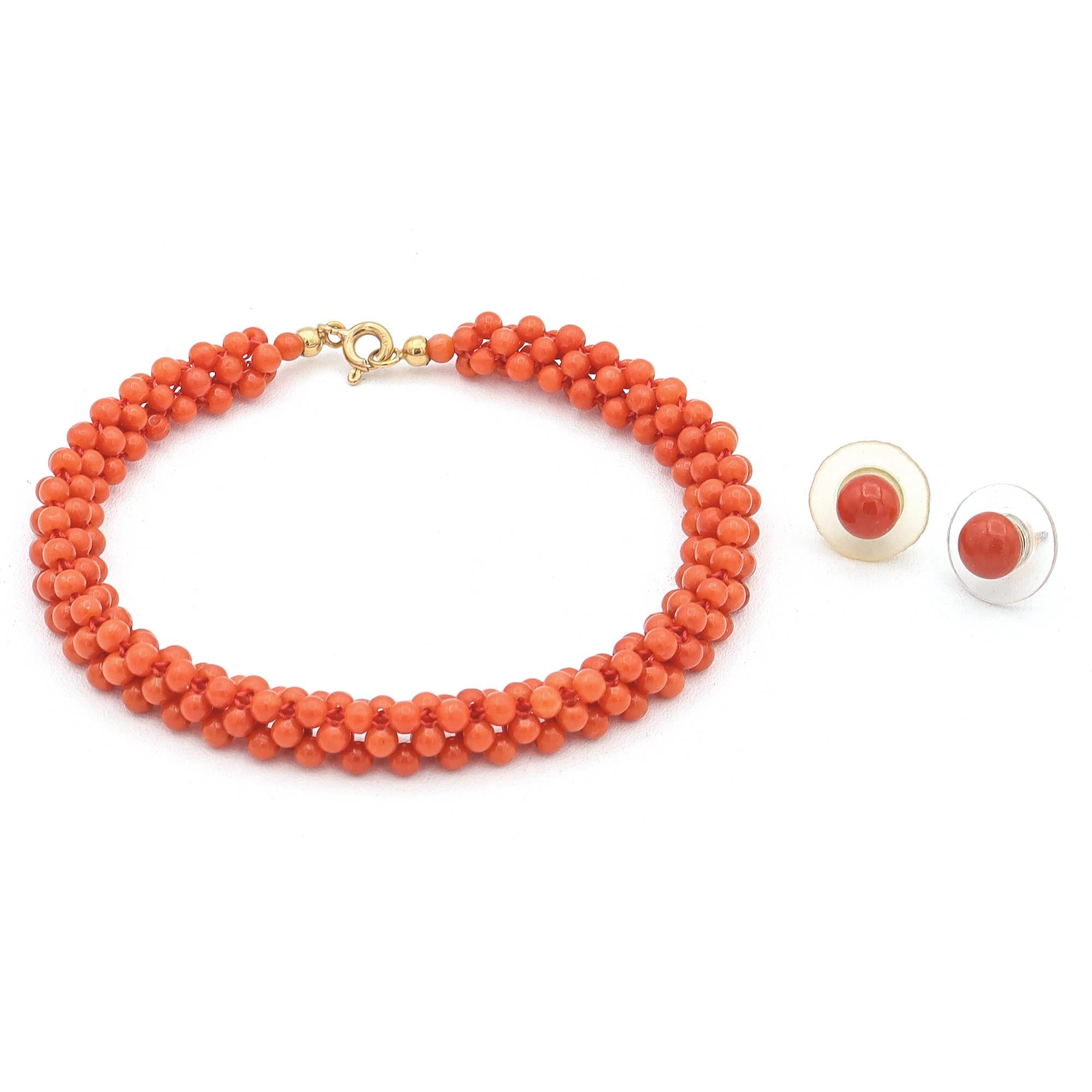 Vintage Yellow Gold Red Coral Woven Sorrento Bracelet & Earring Set