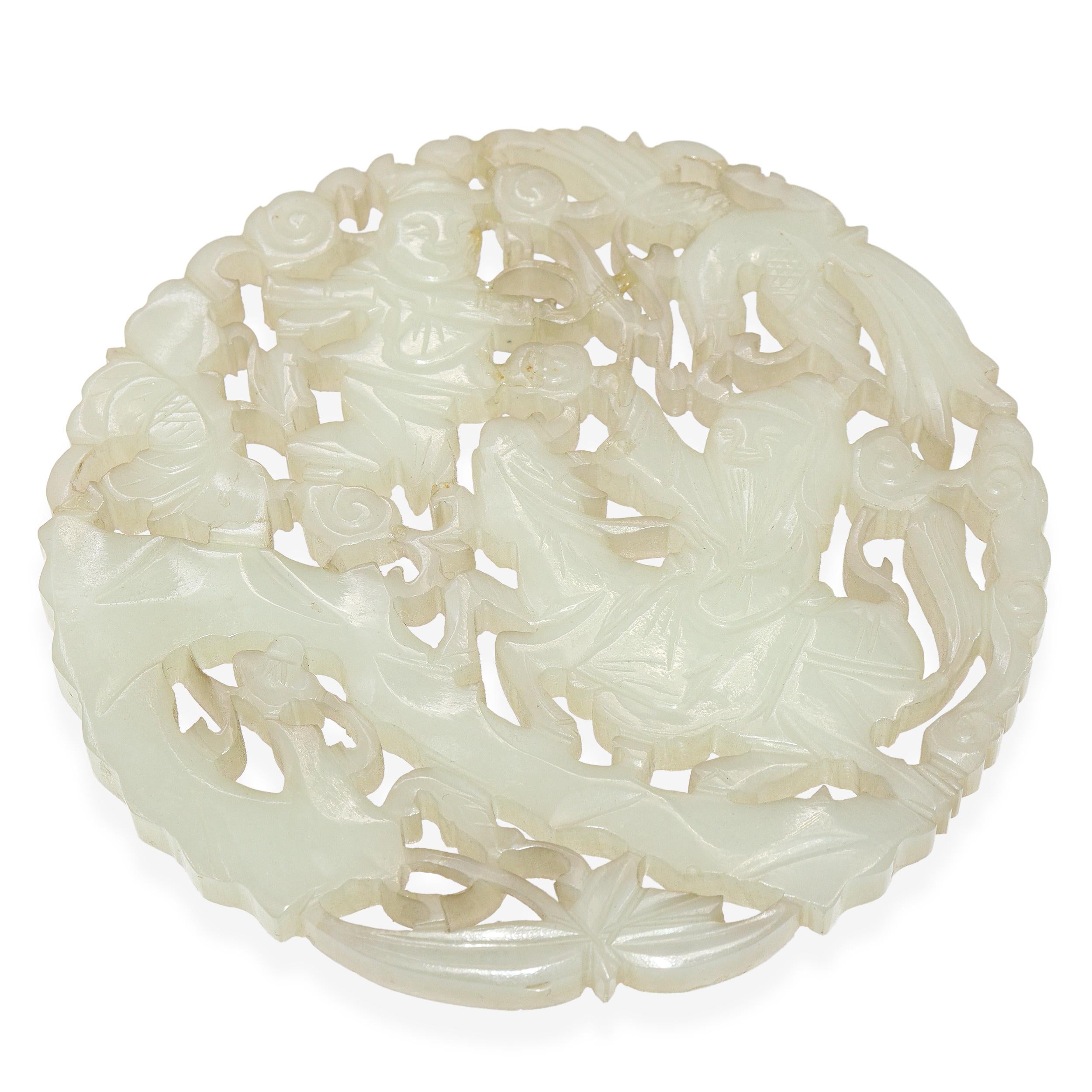 Antique Chinese Carved Mutton Fat Jade Disc with Wooden Stand