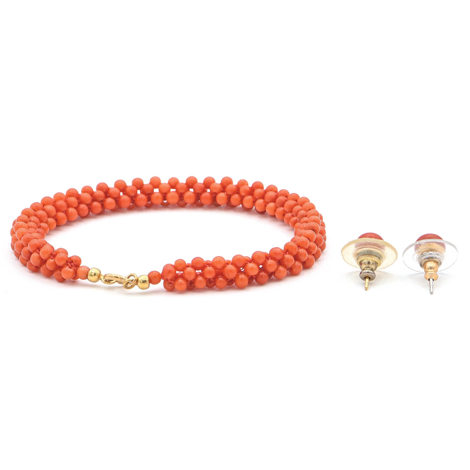 Vintage Yellow Gold Red Coral Woven Sorrento Bracelet & Earring Set
