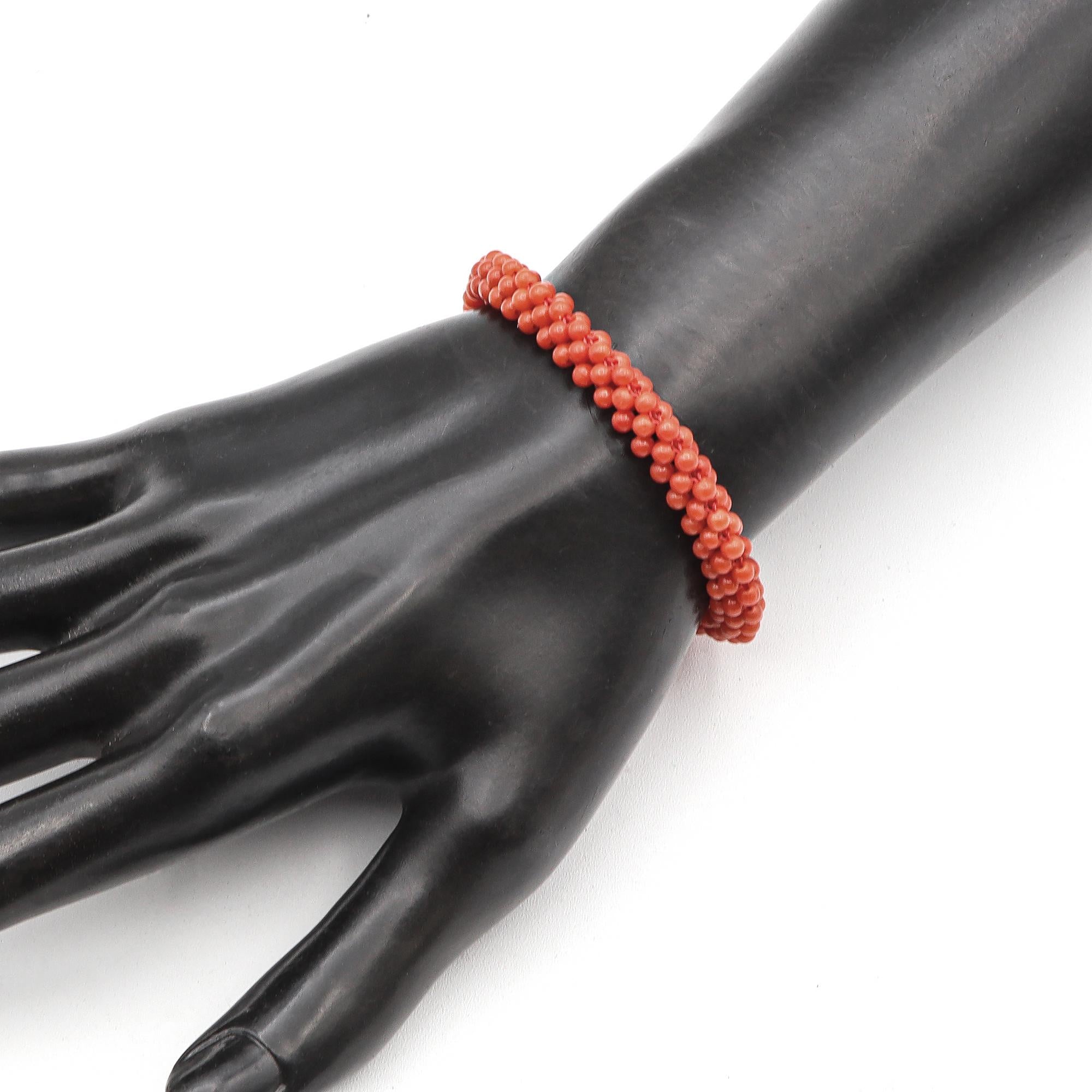 Vintage Yellow Gold Red Coral Woven Sorrento Bracelet & Earring Set