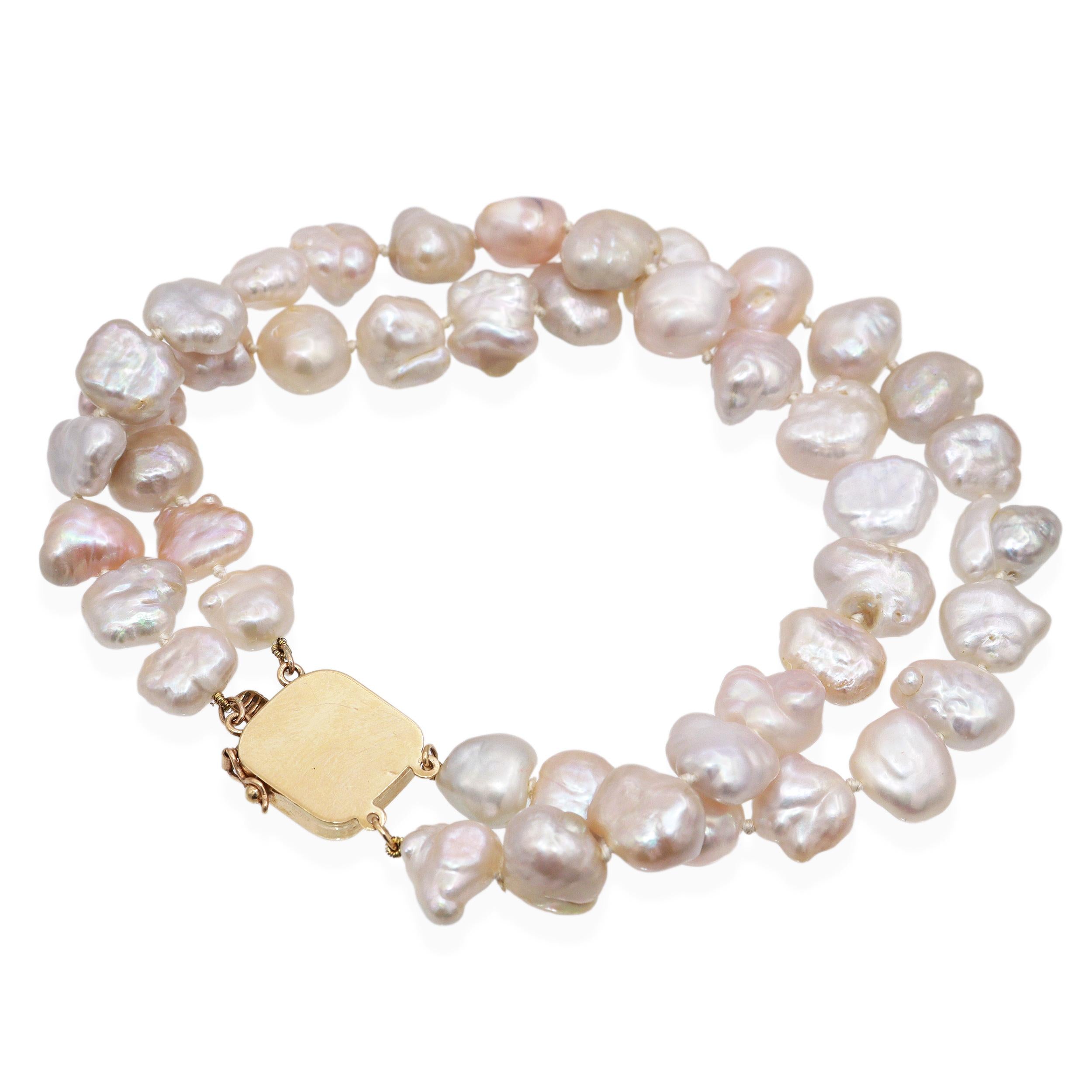 Vintage 14k Yellow Gold Baroque Pearl Beaded Double Strand Bracelet