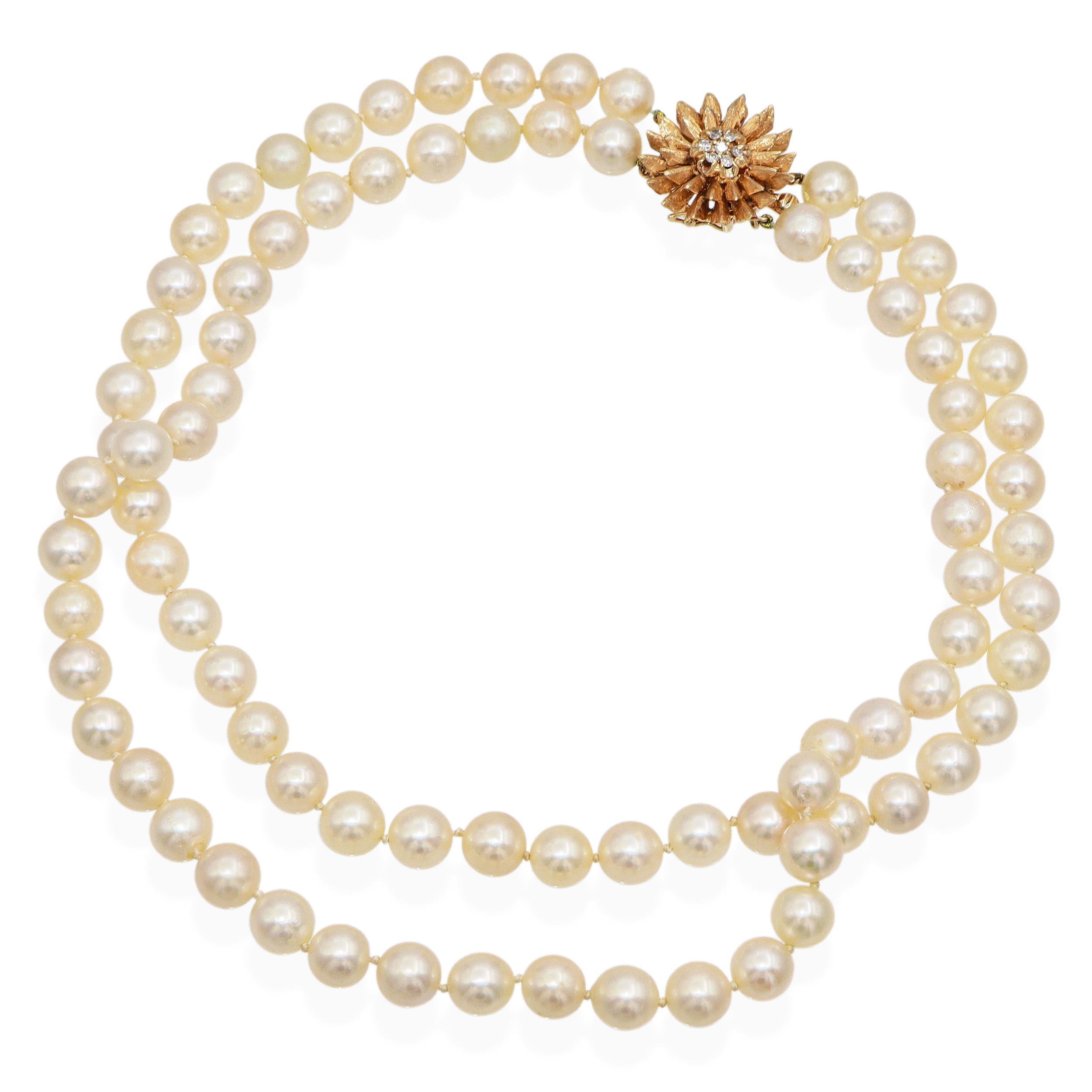Vintage Yellow Gold Diamond Floral Clasp Double Strand Pearl Necklace