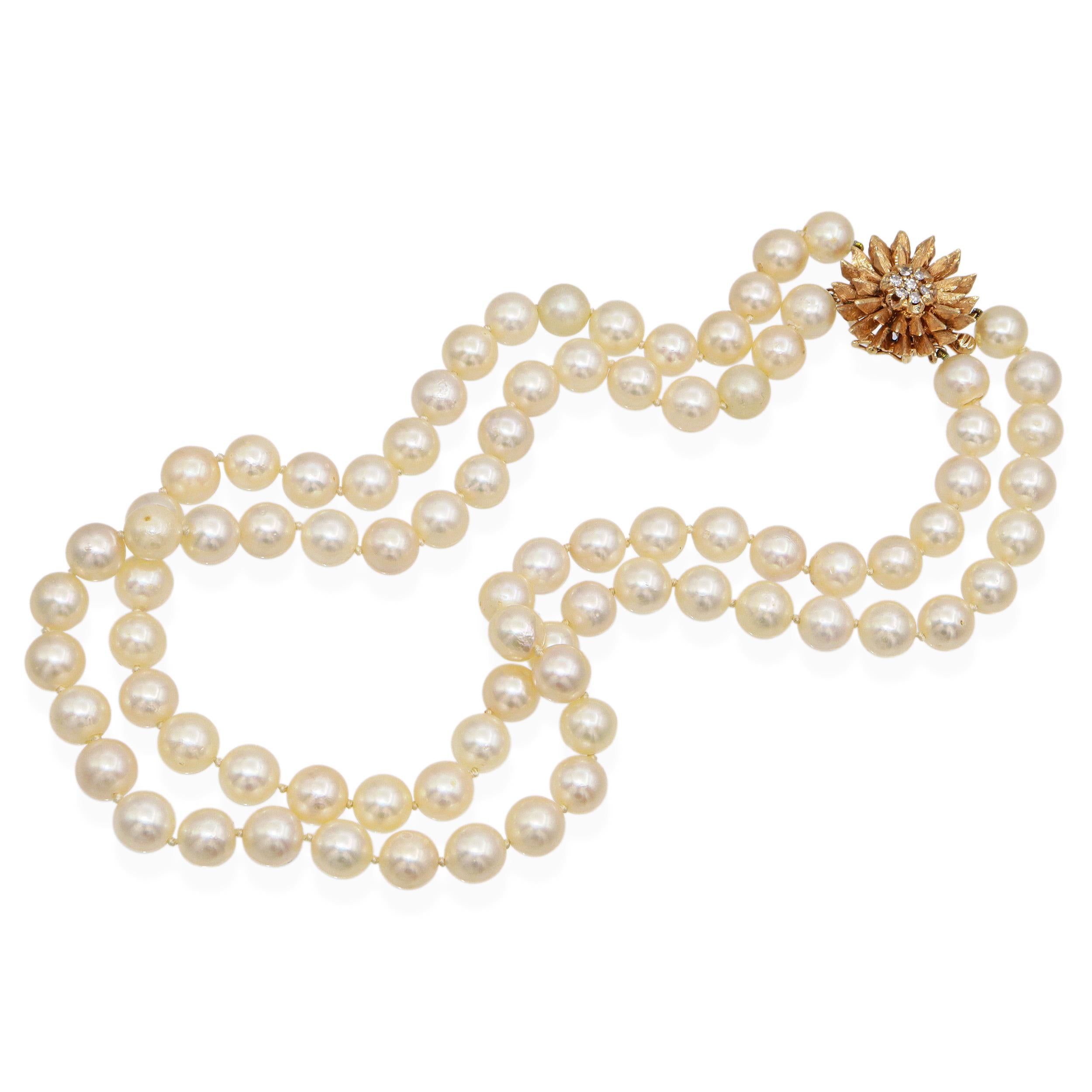Vintage Yellow Gold Diamond Floral Clasp Double Strand Pearl Necklace