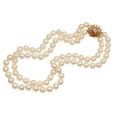 Vintage Yellow Gold Diamond Floral Clasp Double Strand Pearl Necklace
