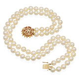 Vintage Yellow Gold Diamond Floral Clasp Double Strand Pearl Necklace