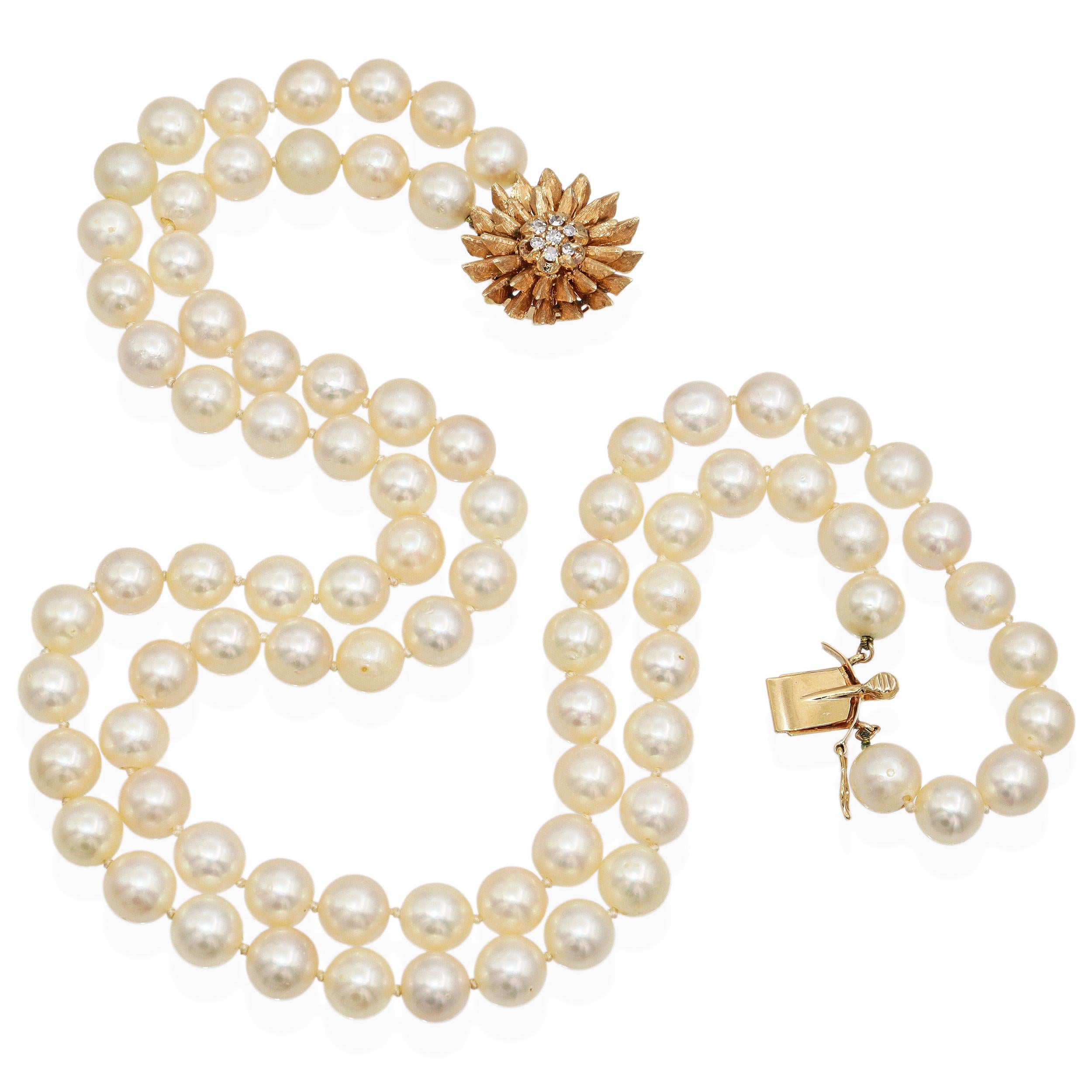 Vintage Yellow Gold Diamond Floral Clasp Double Strand Pearl Necklace
