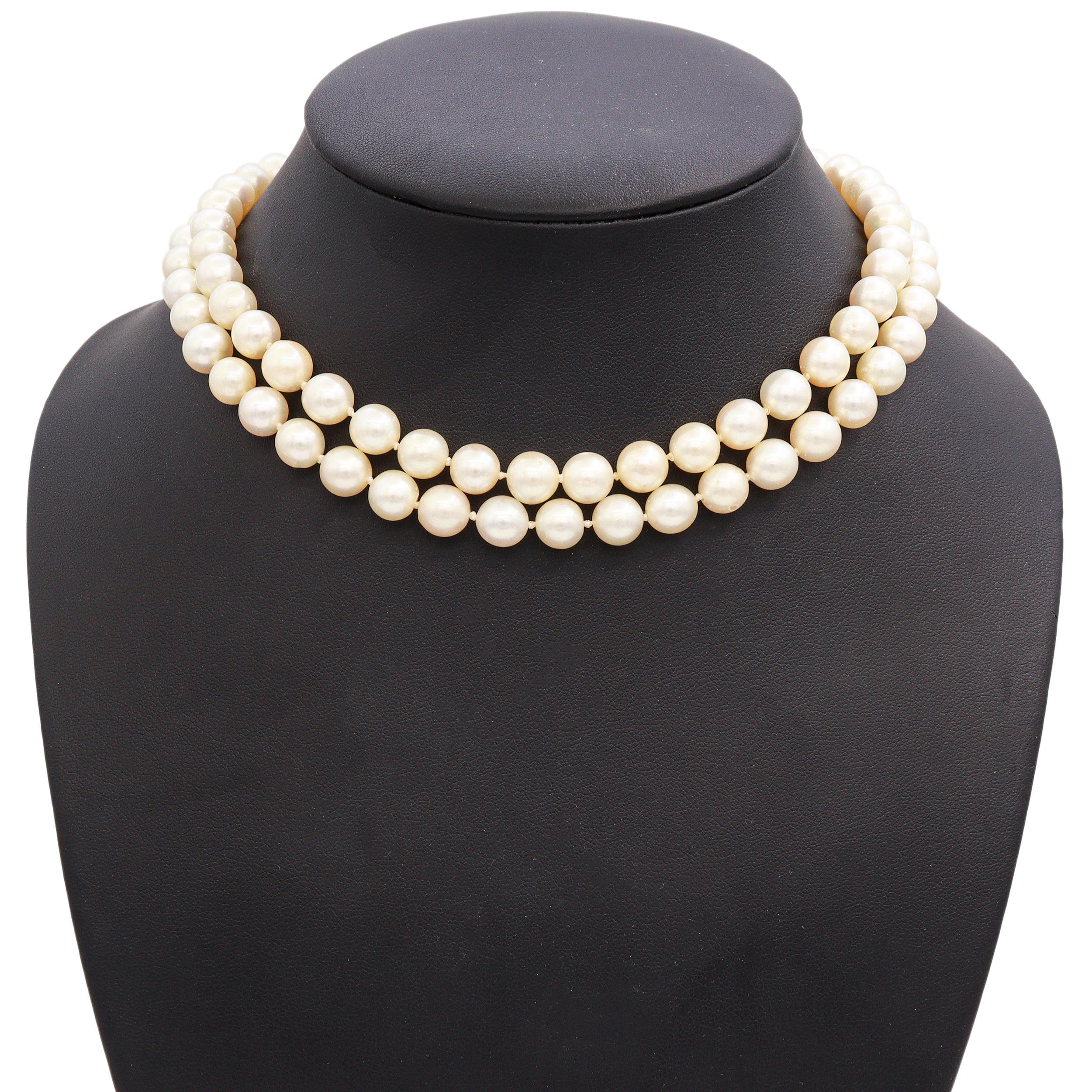 Vintage Yellow Gold Diamond Floral Clasp Double Strand Pearl Necklace