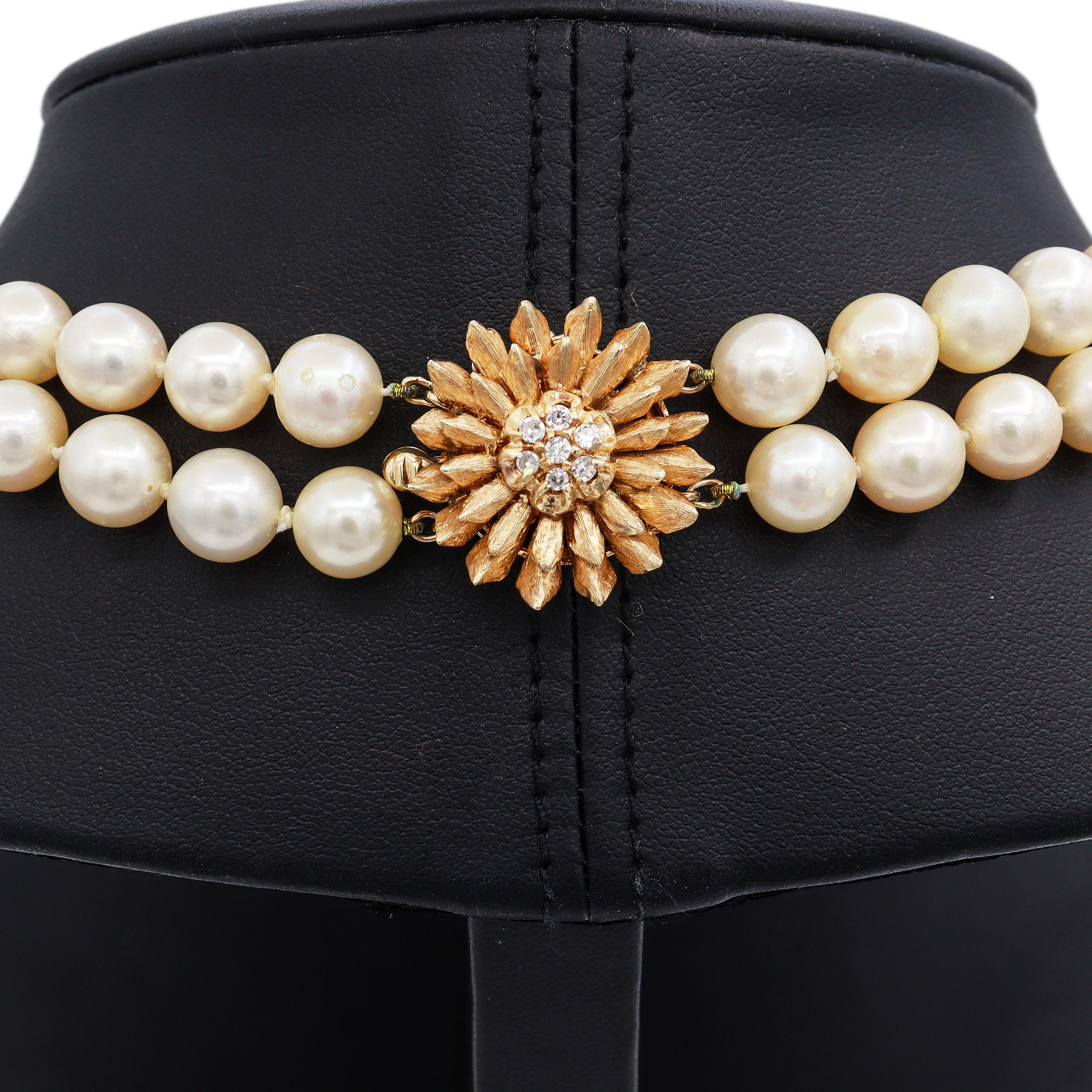 Vintage Yellow Gold Diamond Floral Clasp Double Strand Pearl Necklace