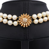 Vintage Yellow Gold Diamond Floral Clasp Double Strand Pearl Necklace