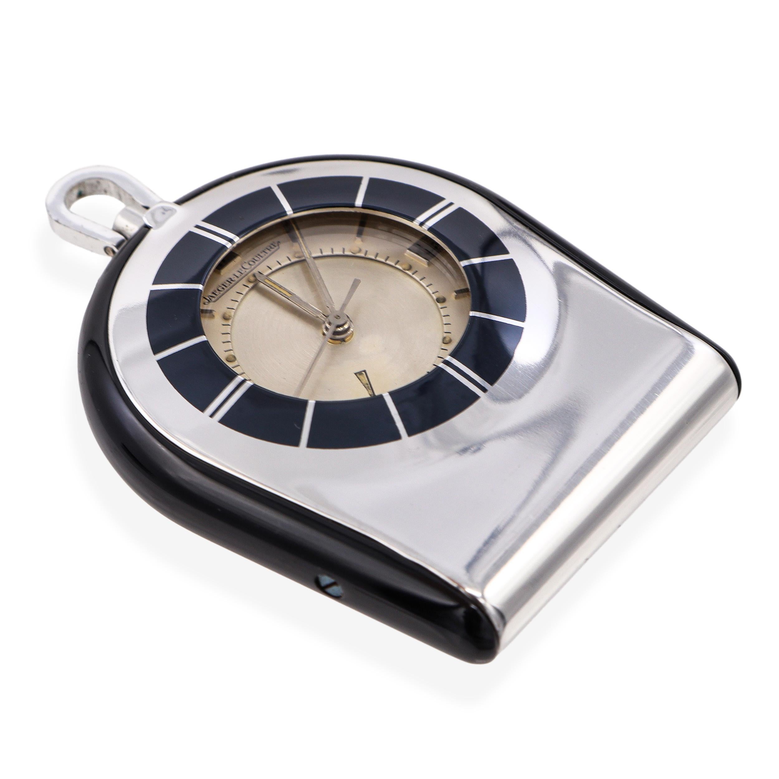 Vintage Jaeger LeCoultre Steel and Black Enamel Memovex Travel Alarm Clock