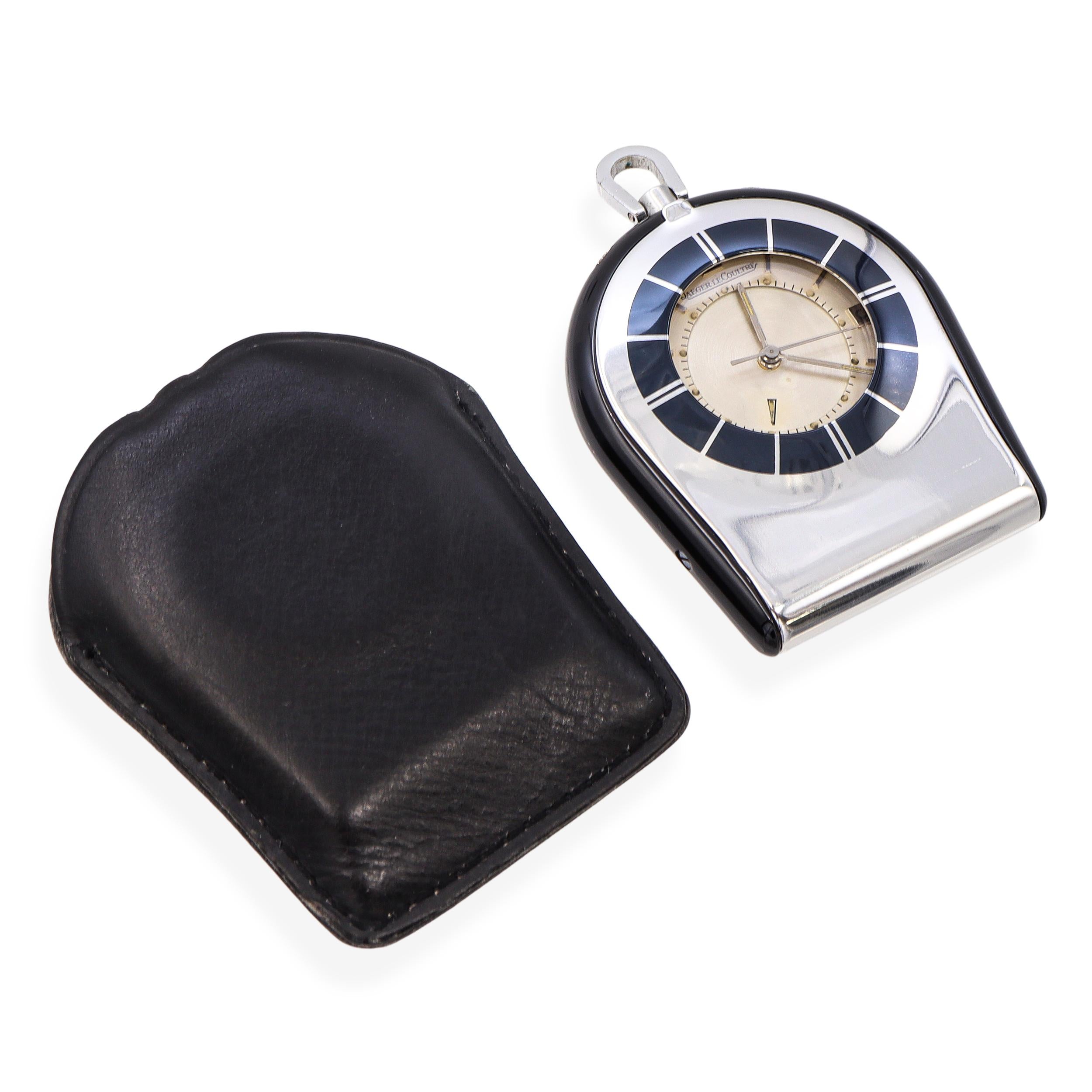 Vintage Jaeger LeCoultre Steel and Black Enamel Memovex Travel Alarm Clock