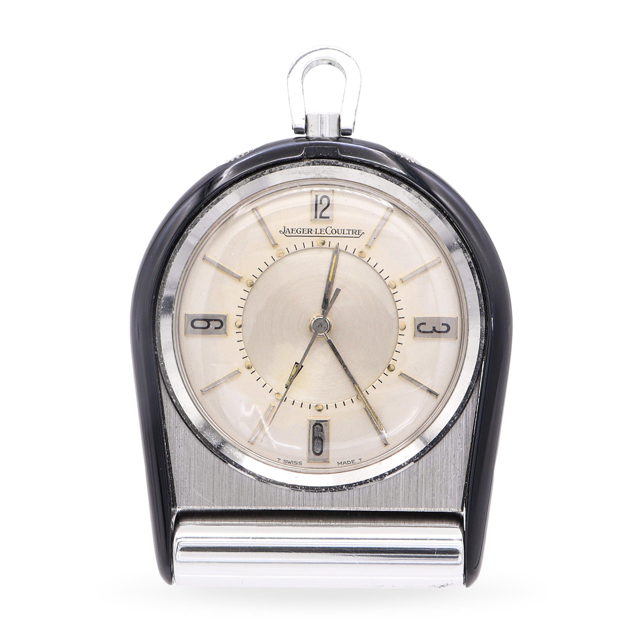 Vintage Jaeger LeCoultre Steel and Black Enamel Memovex Travel Alarm Clock