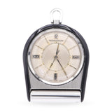 Vintage Jaeger LeCoultre Steel and Black Enamel Memovex Travel Alarm Clock