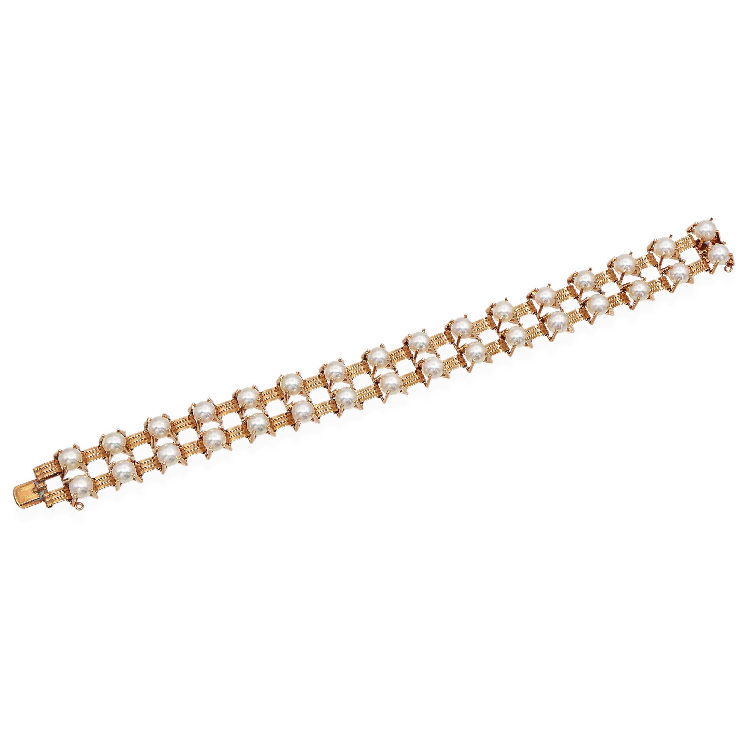 Vintage 14k Rose Gold Cage-Set Pearl Link Bracelet