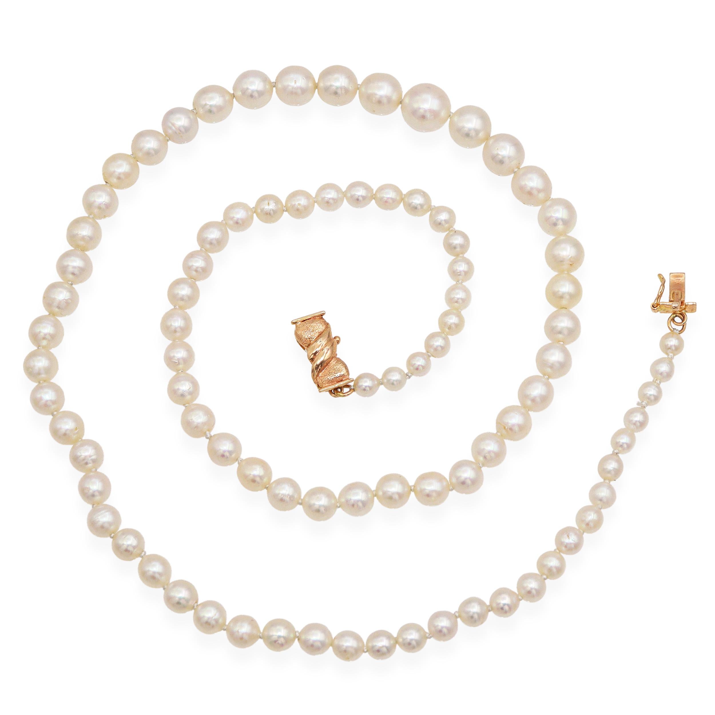 Vintage 14K Yellow Gold Graduated Pearl Beaded Strand Necklace