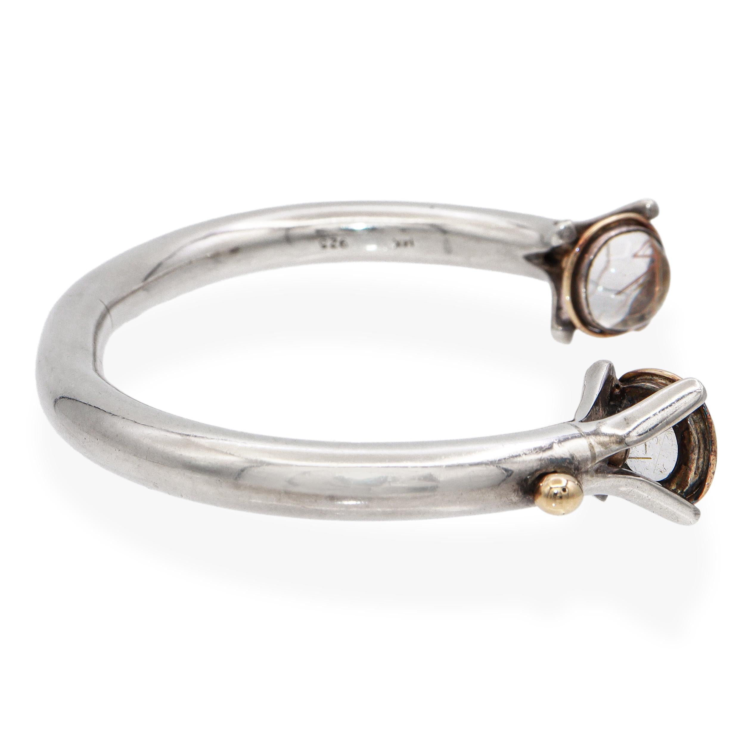 Vintage 14K Yellow Gold Sterling Silver Rutilated Quartz Open Cuff Bracelet