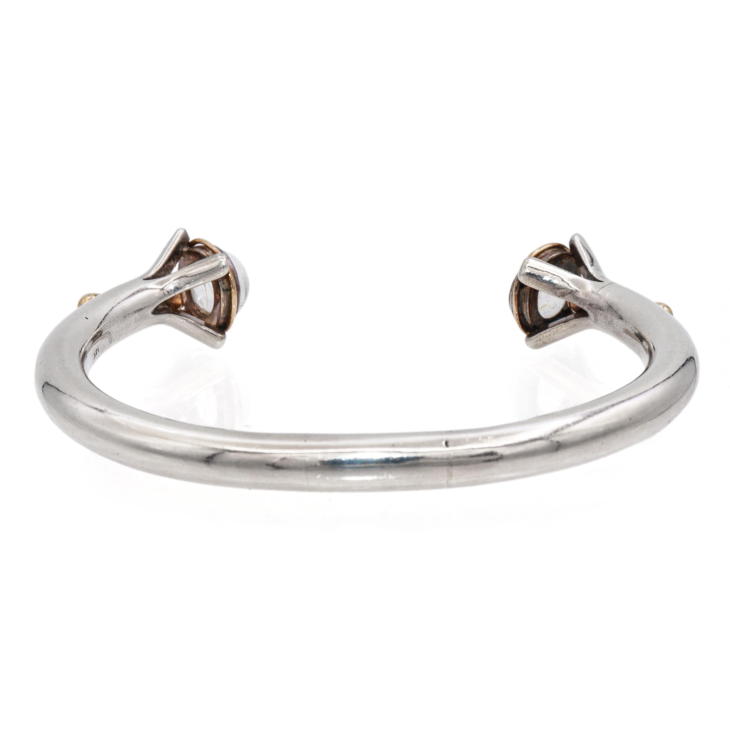 Vintage 14K Yellow Gold Sterling Silver Rutilated Quartz Open Cuff Bracelet