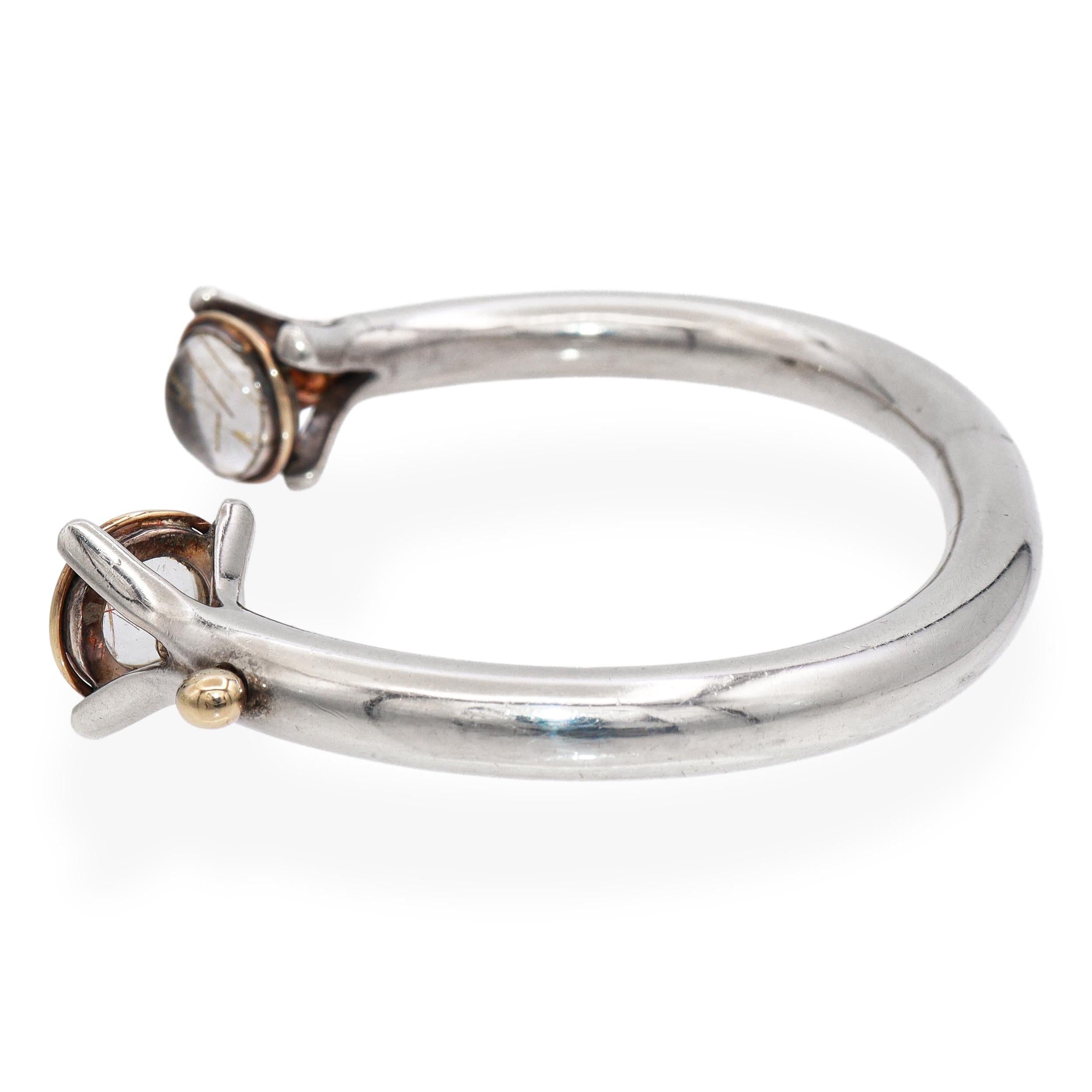 Vintage 14K Yellow Gold Sterling Silver Rutilated Quartz Open Cuff Bracelet