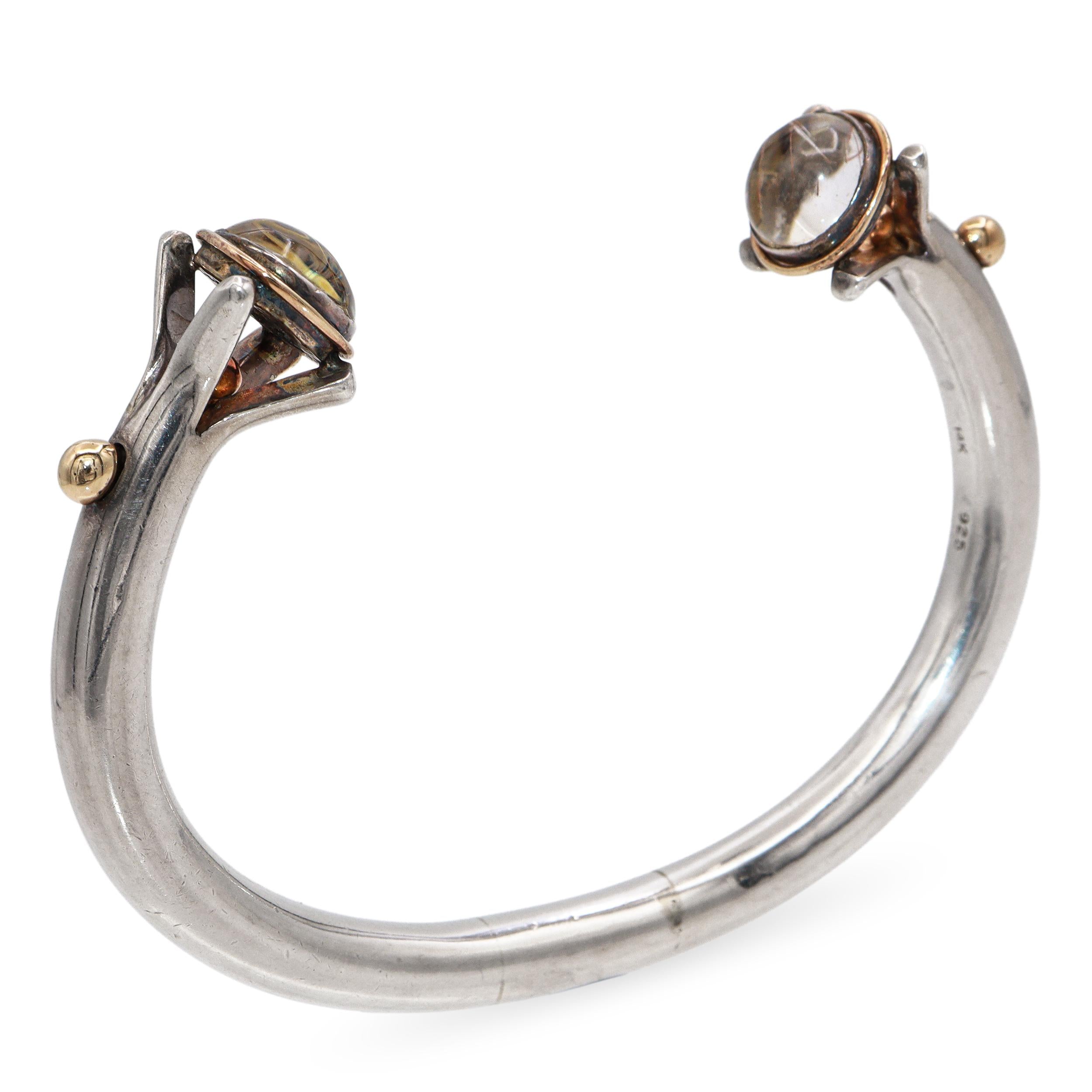 Vintage 14K Yellow Gold Sterling Silver Rutilated Quartz Open Cuff Bracelet