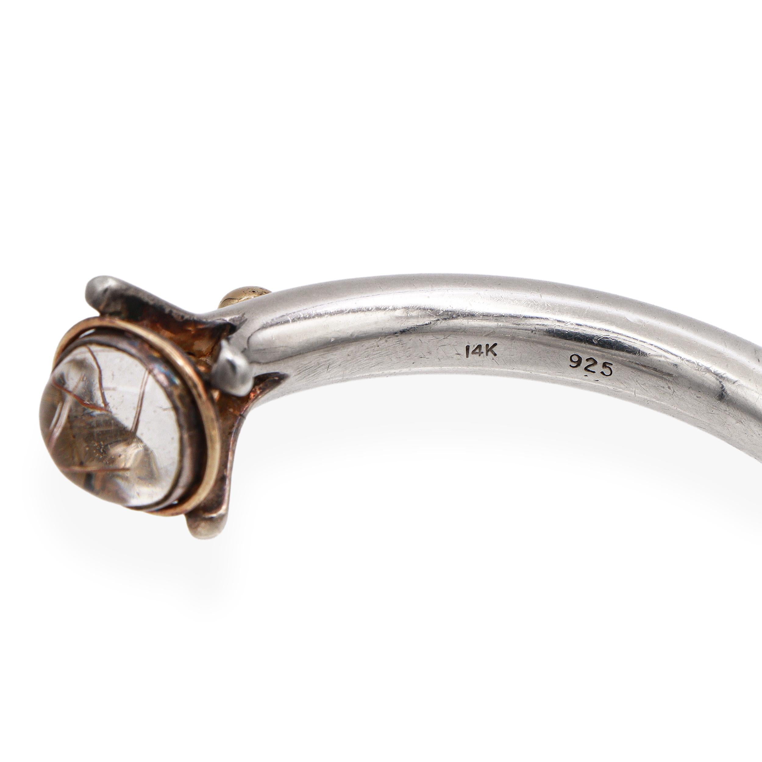 Vintage 14K Yellow Gold Sterling Silver Rutilated Quartz Open Cuff Bracelet